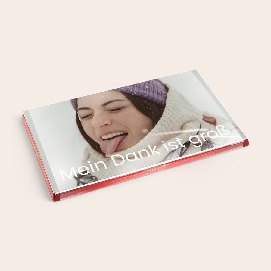 Personalisierte Merci Schokolade - Mit Grußkarte Merci Schokolade mit personalisierter Grußkarte - 400 Gramm mit Foto und Text Mein Dank ist groß bedruckt
