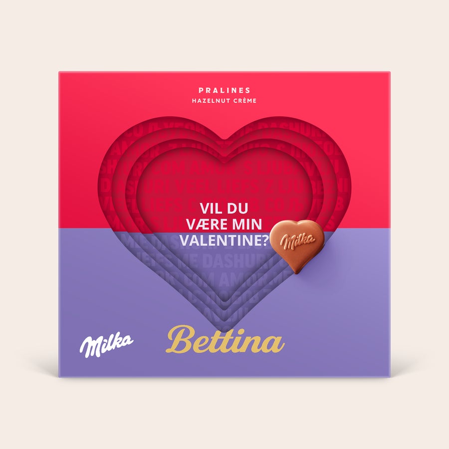 Milka chokoladehjerter i 3D gaveæske Hjerteformet Milka chokolade i personlig 3D gaveæske med teksten