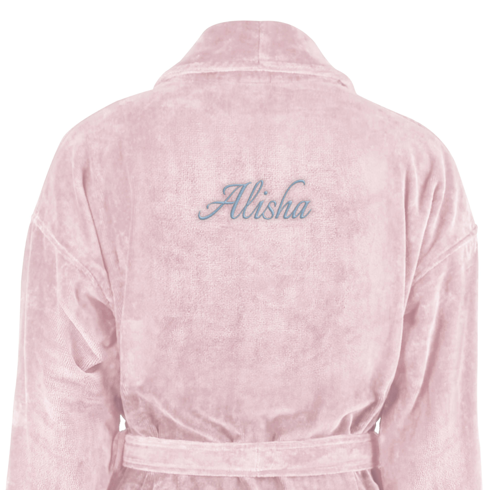 Accappatoio personalizzato rosa con nome ricamato Alisha in corsivo azzurro