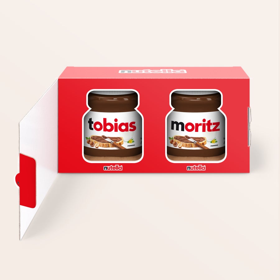 nutella® - 2er-Set Rotes nutella 2er-Set mit zwei Gläsern, personalisiert mit den Namen Tobias und Moritz, ideal, um deine Liebsten zu überraschen