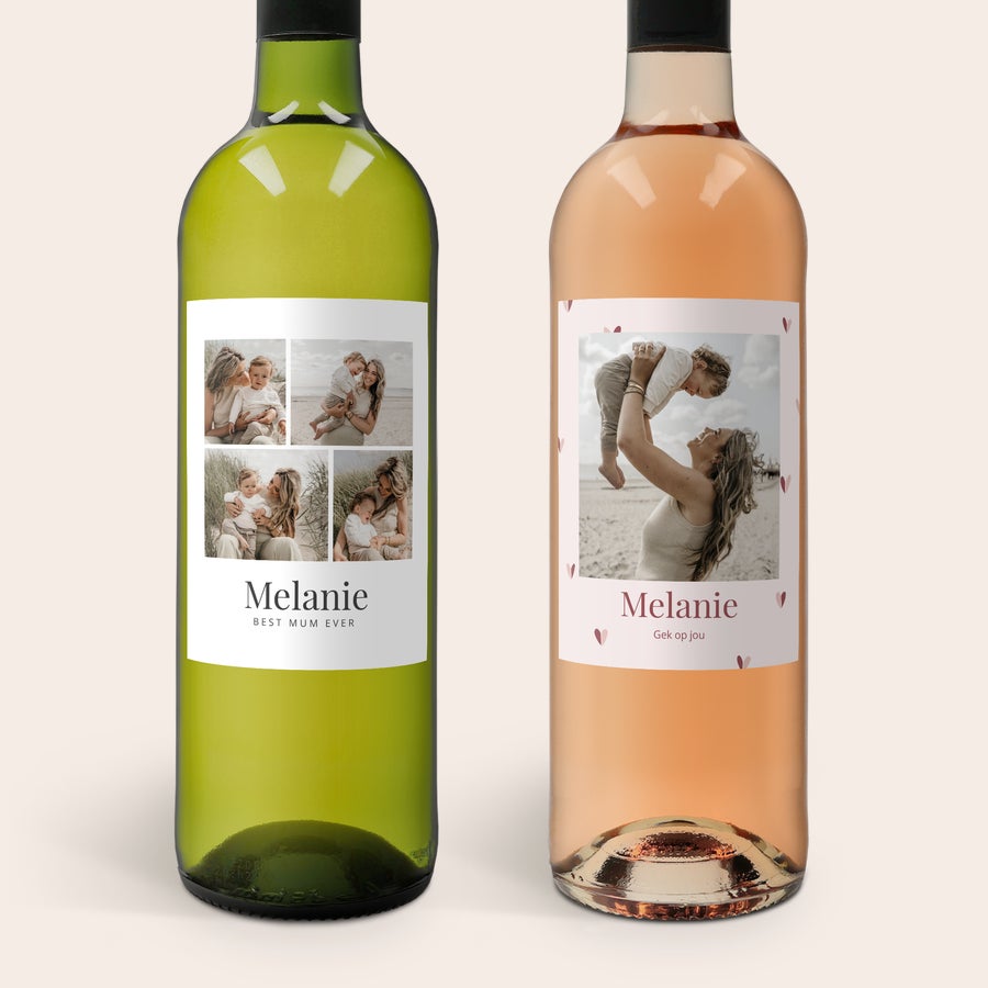 Wijn Belvy personaliseren Belvy wijnpakket met twee gepersonaliseerde wijnflessen, bedrukt met eigen foto's en de naam Melanie
