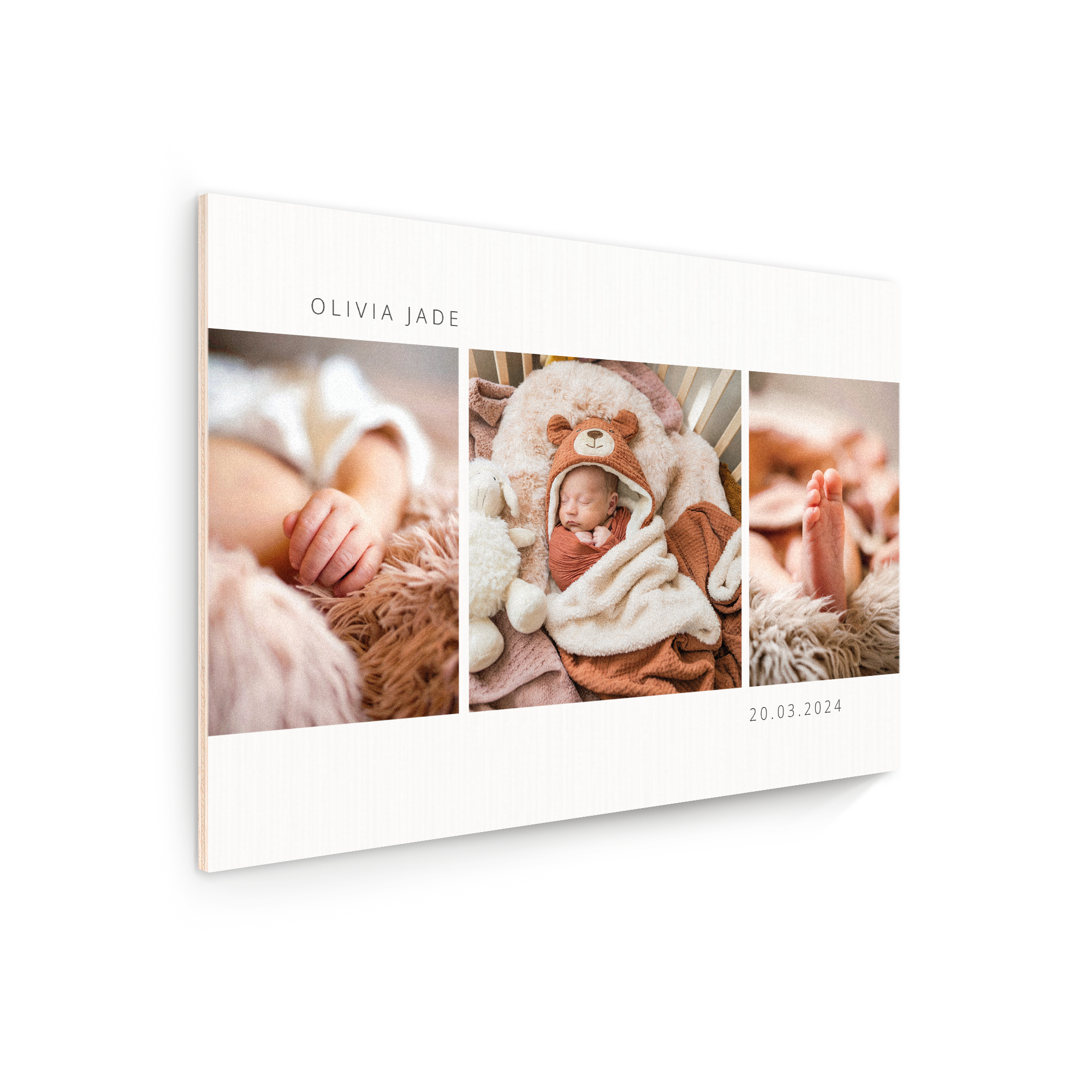 Personalized wood photo print with three baby pictures, the name Olivia Jade, and the date 20.03.2024