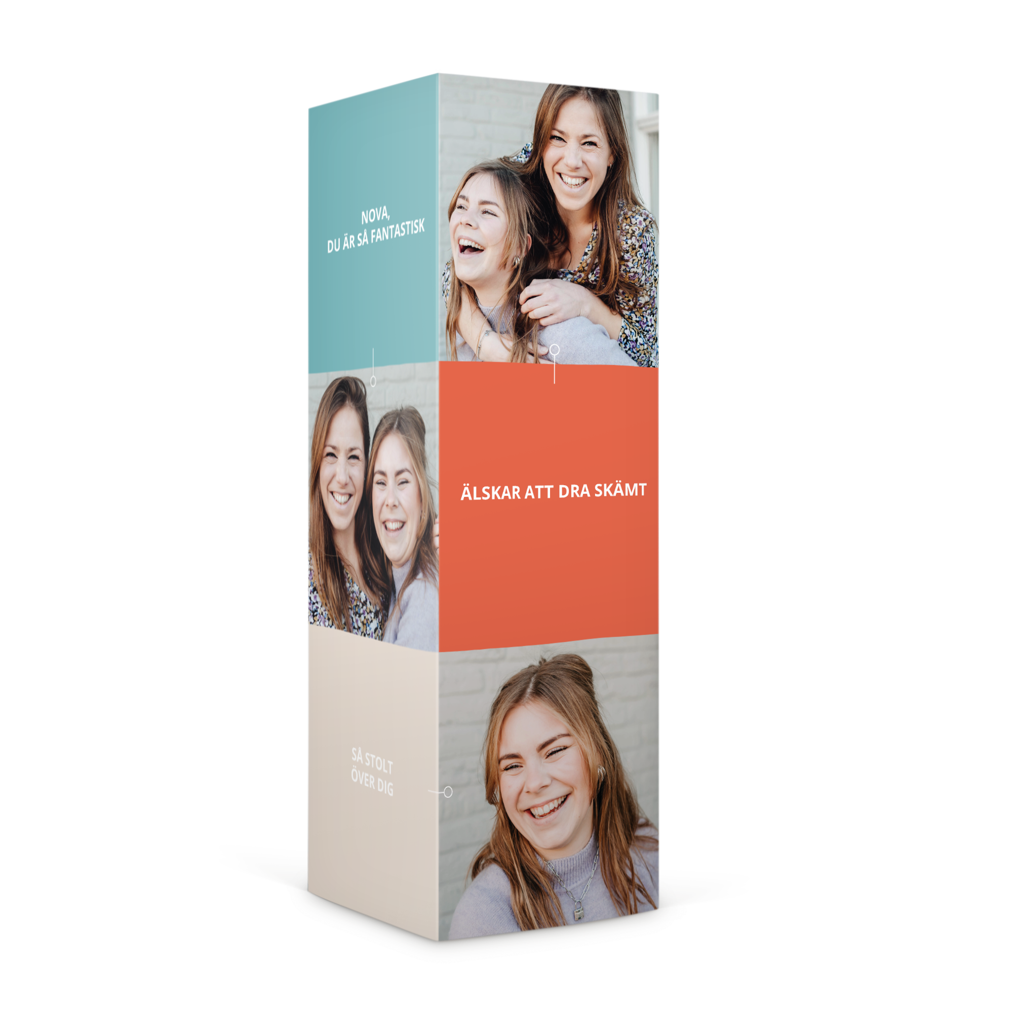 Personlig presentförpackning för Haribo godis tryckt med foton av två leende tjejer och meddelanden som överraska, Älskar att dra skämt