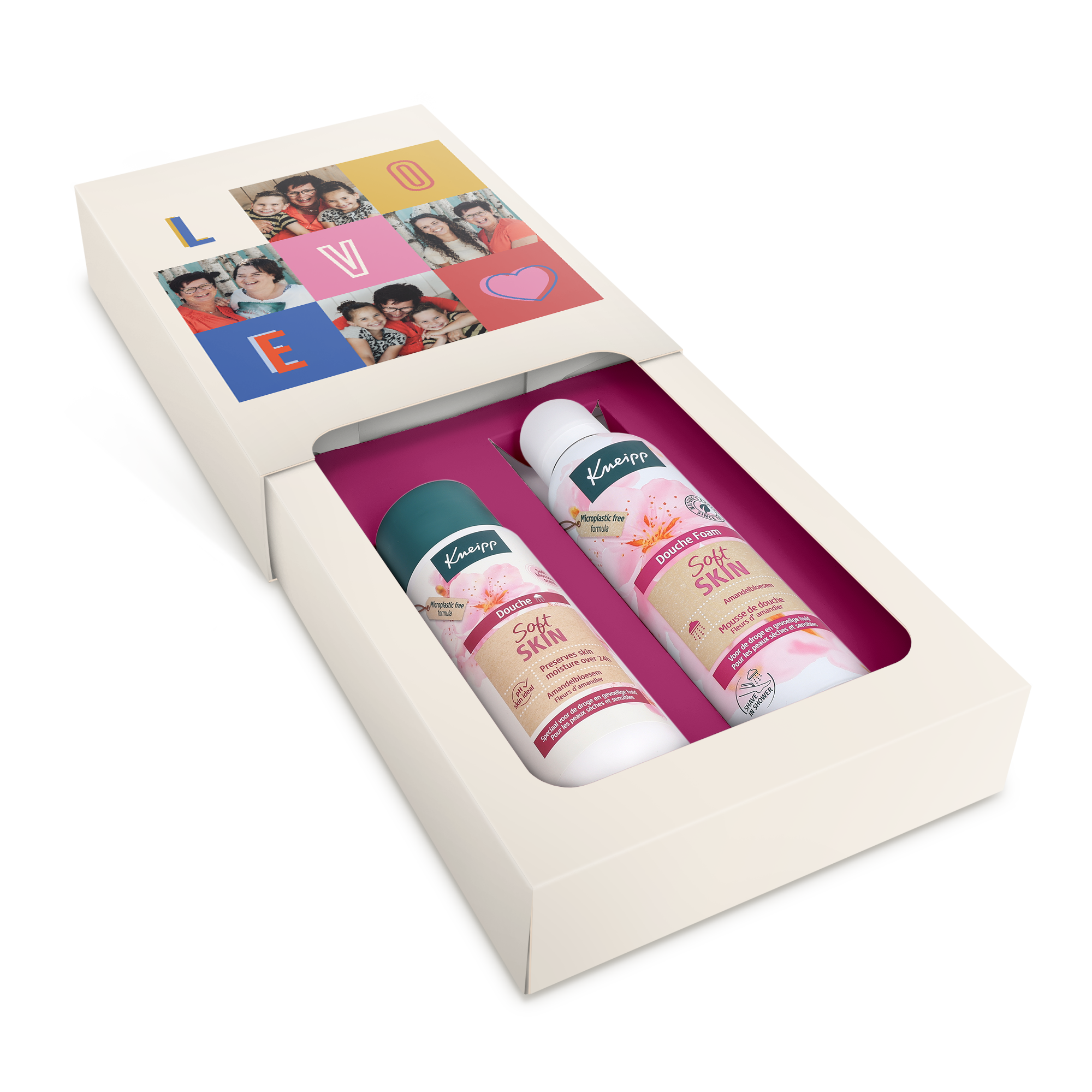 Kneipp hudplejesæt til kvinder med shower foam og gel i en fotoprintet gaveæske til en personlig hjemmespa.