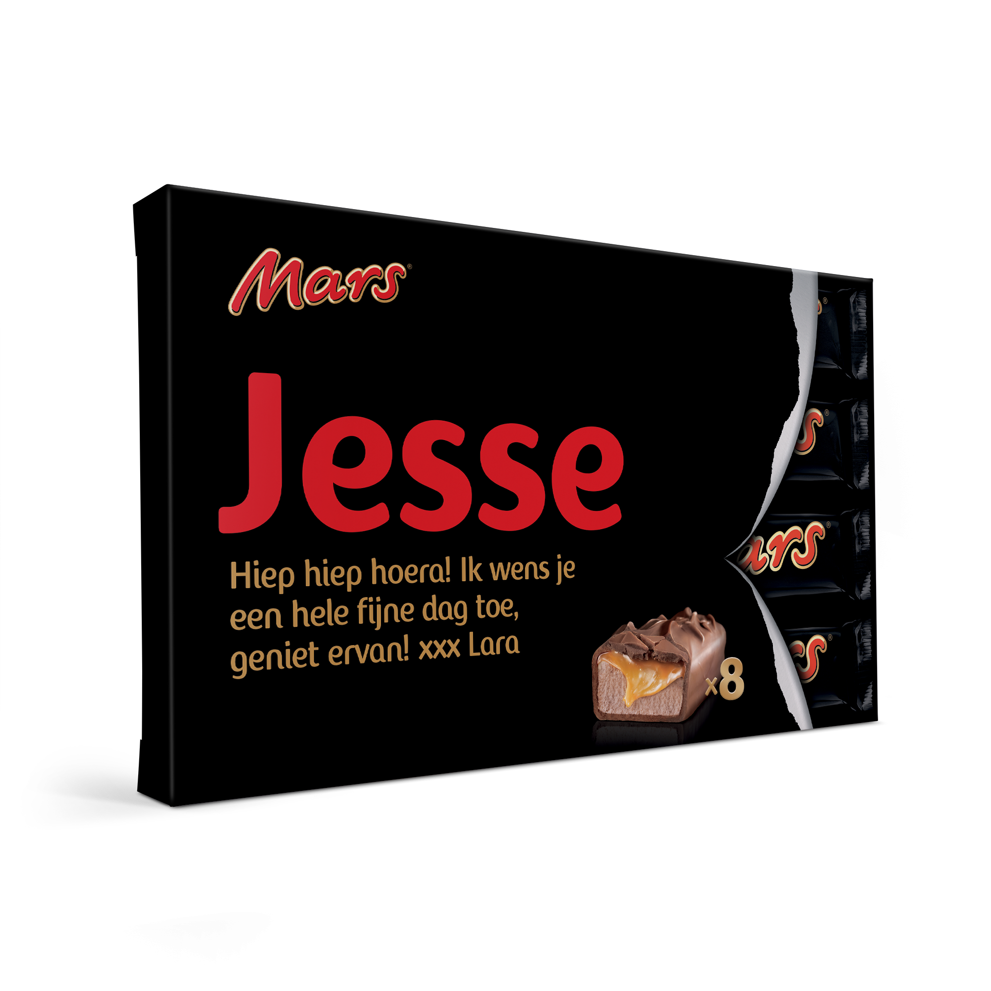Mars Repen Giftbox met naam Jesse, bedrukt met een persoonlijke felicitatie en 8 Mars repen.