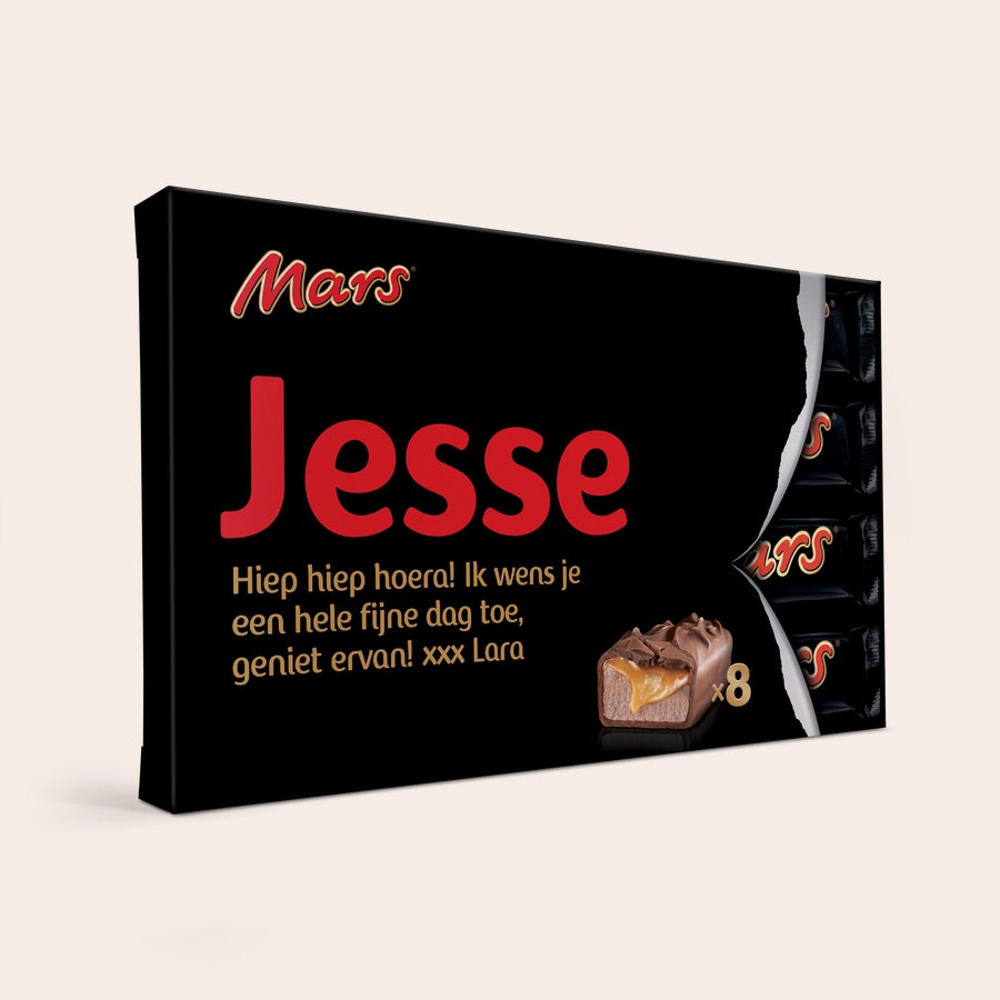 Gepersonaliseerde Mars Repen Giftbox Mars Repen Giftbox met naam Jesse, bedrukt met een persoonlijke felicitatie en 8 Mars repen.