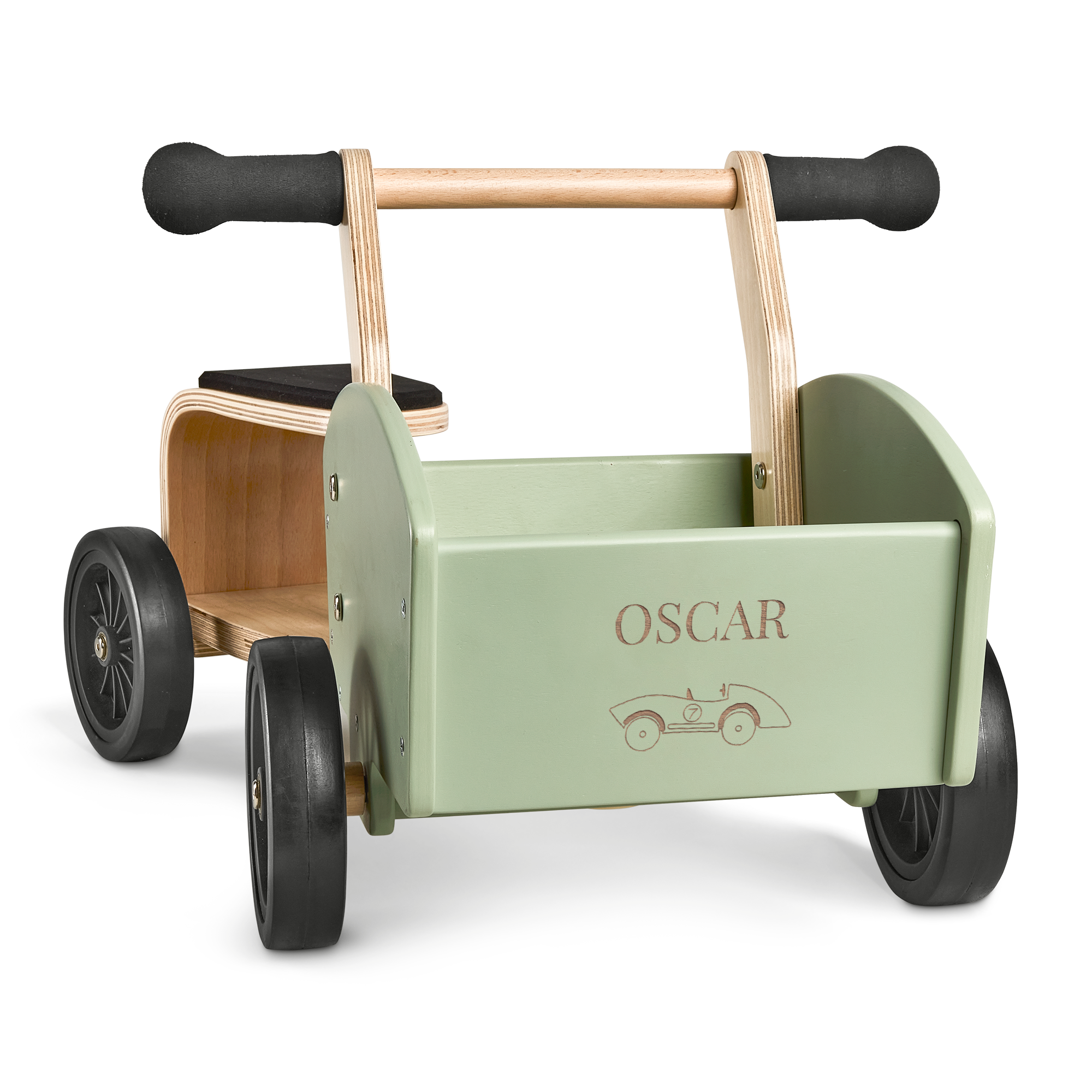 Világoszöld, személyre szabott fa teherbicikli Oscar névvel és autó grafikával, gravírozással.