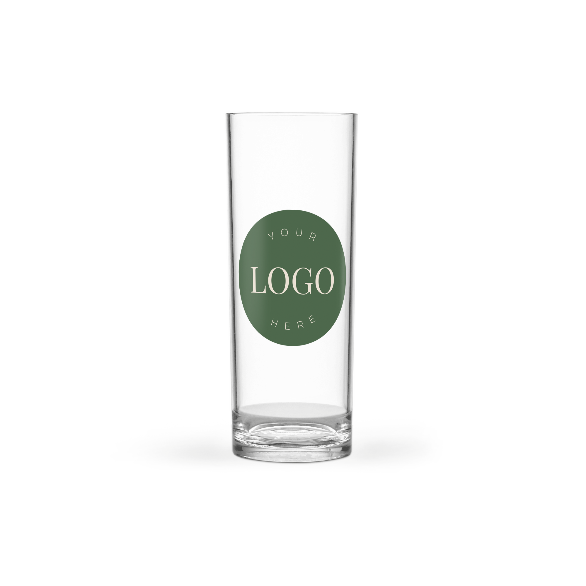 Személyre szabott highball pohár egyedi üzenet nyomtatással, sötétzöld kör alakú logóval a közepén