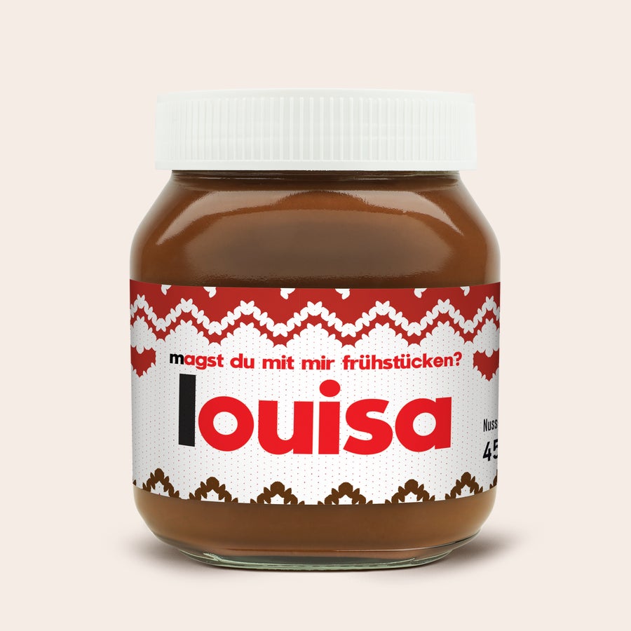 Personalisiertes nutella®-Glas Personalisiertes nutella® Glas mit dem Namen Louisa und dem Text "Magst du mit mir frühstücken?", gedruckt.