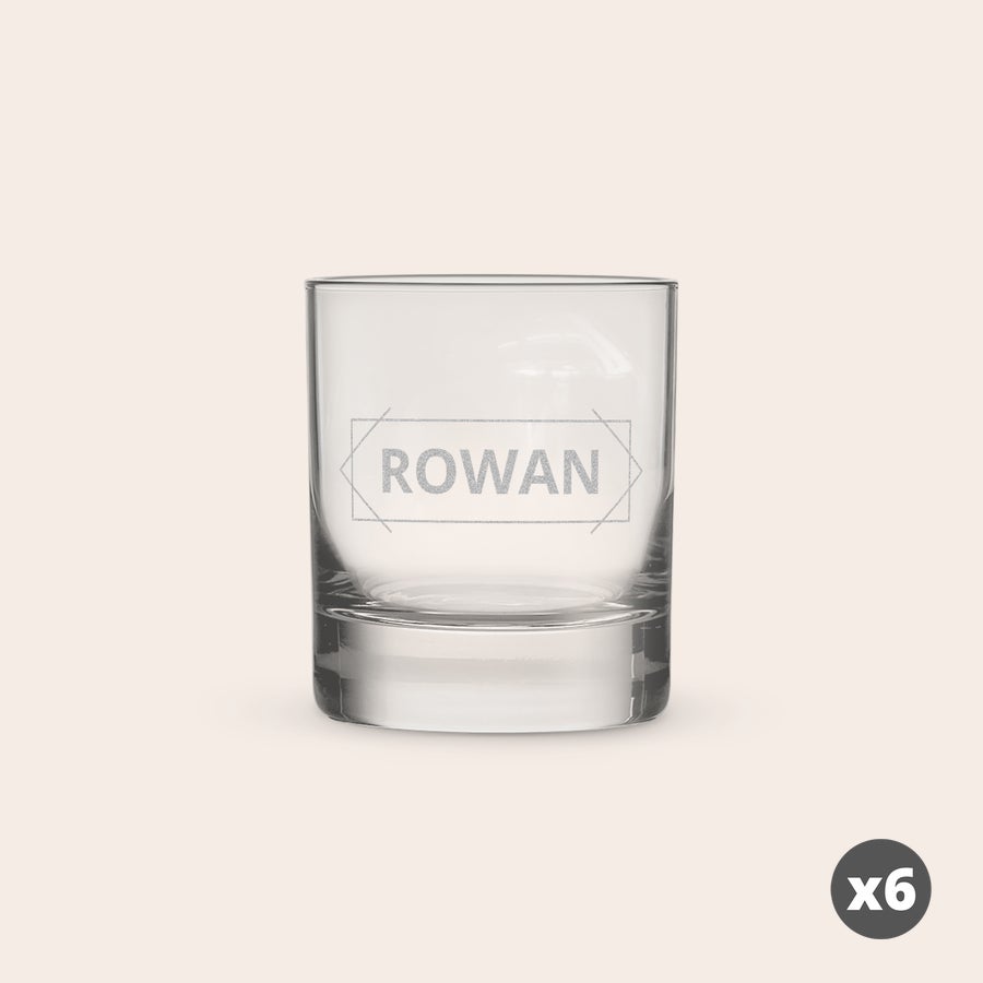 Tumbler glas graveren Tumbler glas graveren met naam 'ROWAN' en kader design voor een unieke ervaring