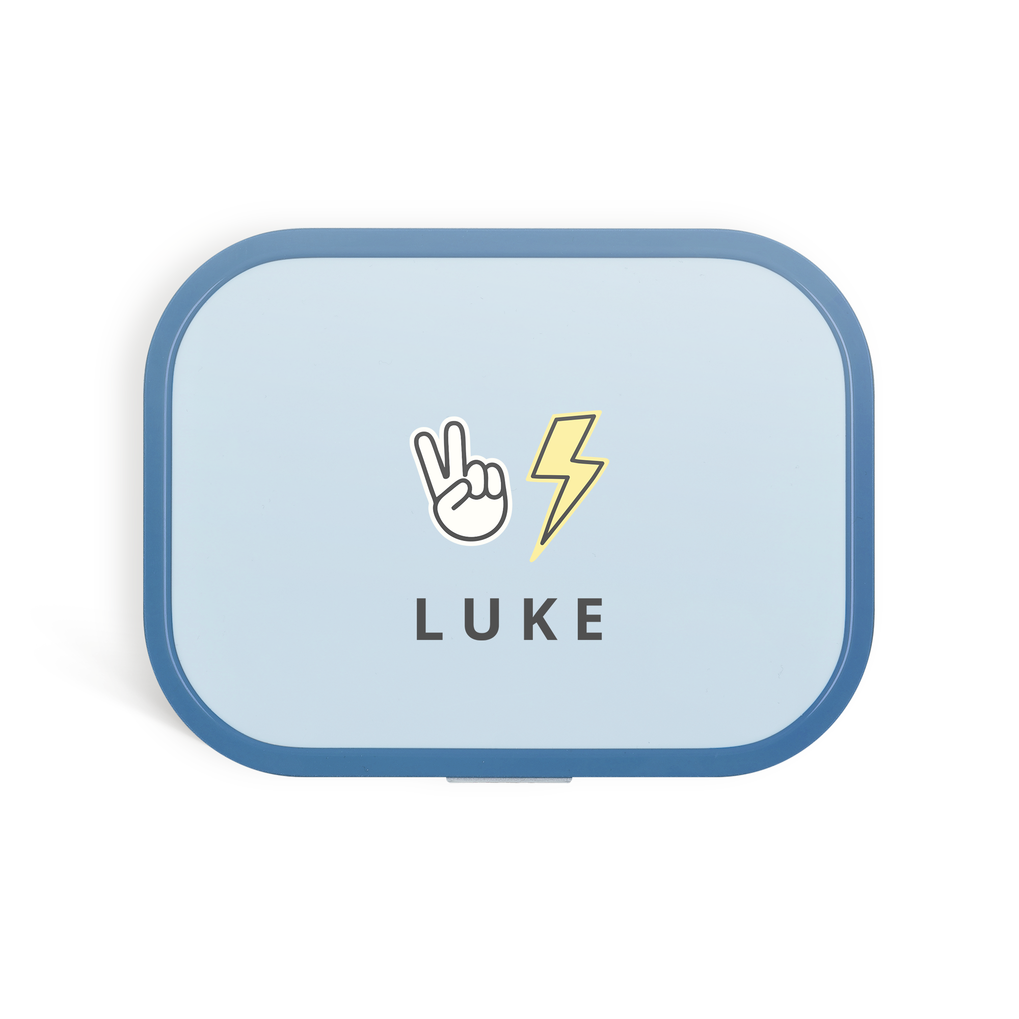 Cutie de prânz Mepal personalizată cu numele Luke, tipărită cu simbolul păcii și fulger