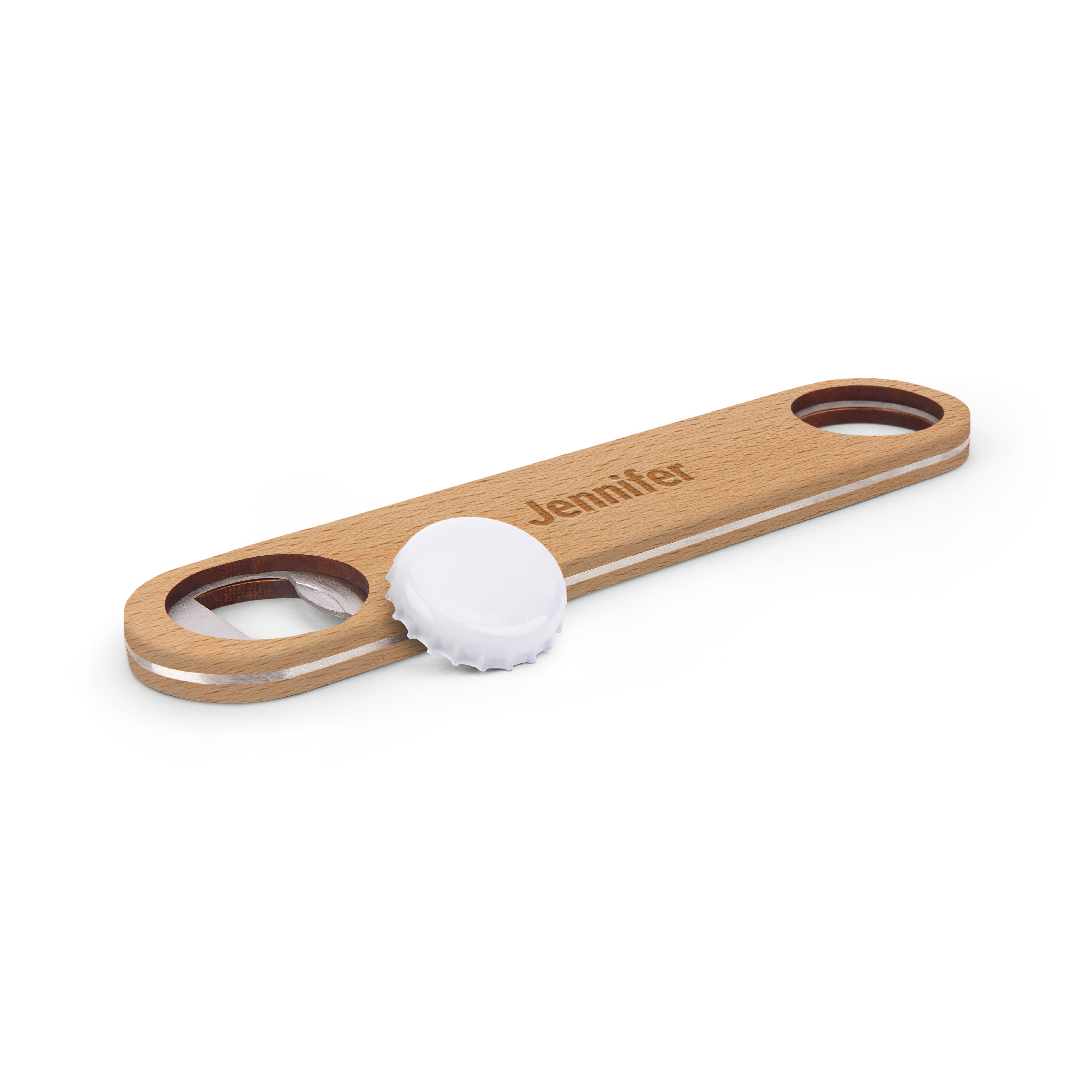 Houten bieropener met de naam Jennifer erop gegraveerd, de perfecte stoere bieropener met naam.