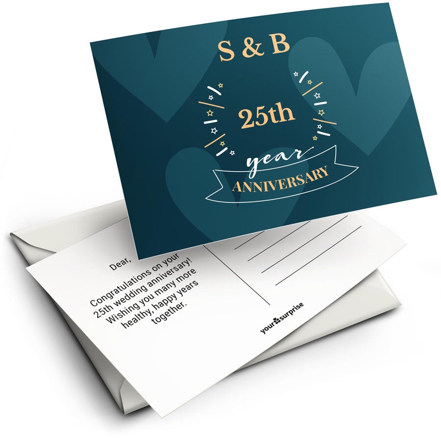 Cartão de aniversário personalizado verde-azulado com os nomes S & B, 25º aniversário e mensagem de felicitações impressa.