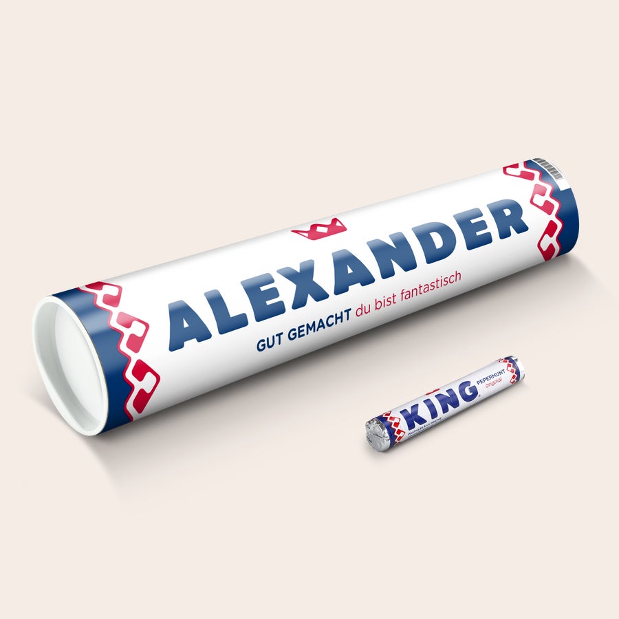 Riesen Rolle KING Pfefferminz personalisieren Personalisierte riesen Rolle KING Pfefferminz, bedruckt mit dem Namen Alexander und "Gut gemacht du bist fantastisch"