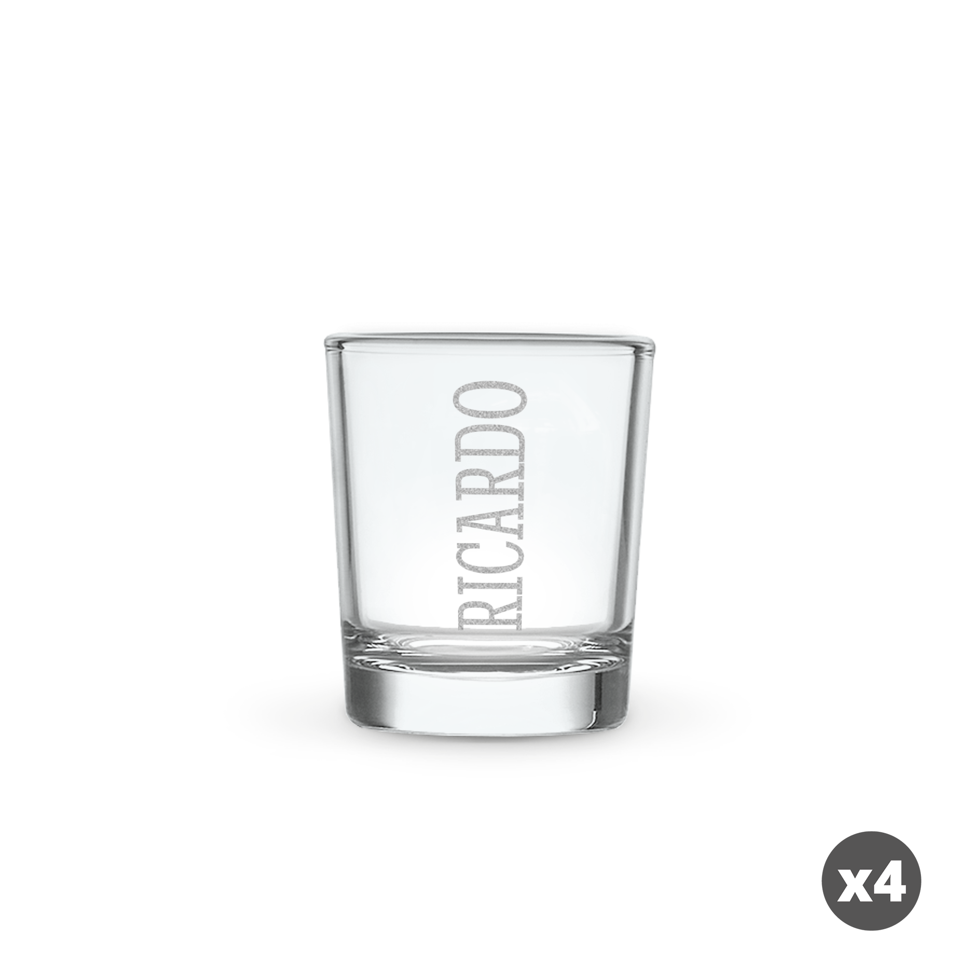 Verre à shot personnalisé en verre bleu gravé au laser avec le prénom RICARDO.