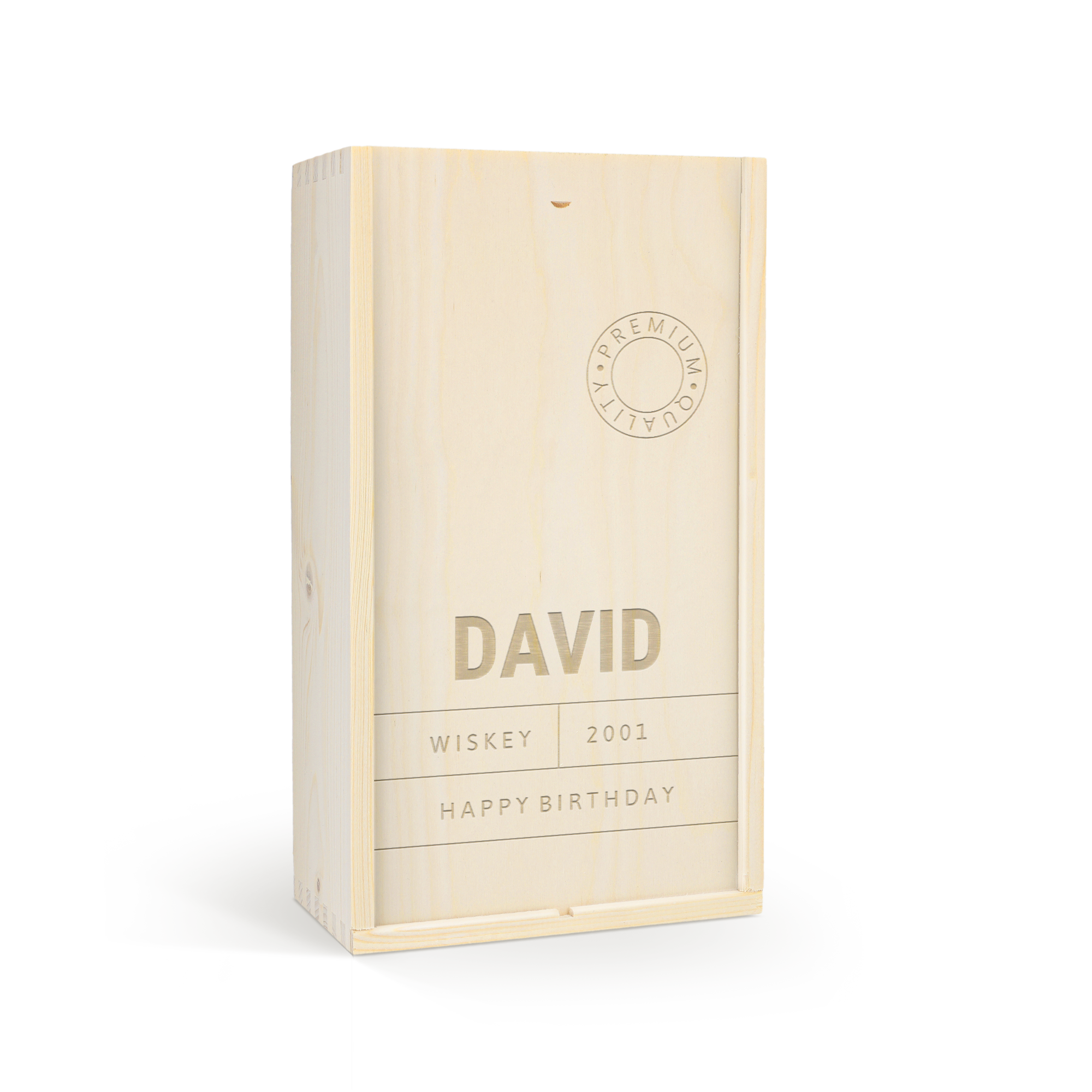 Engraved wooden case for Gentleman Jack whisky with custom name DAVID and Happy Birthday message