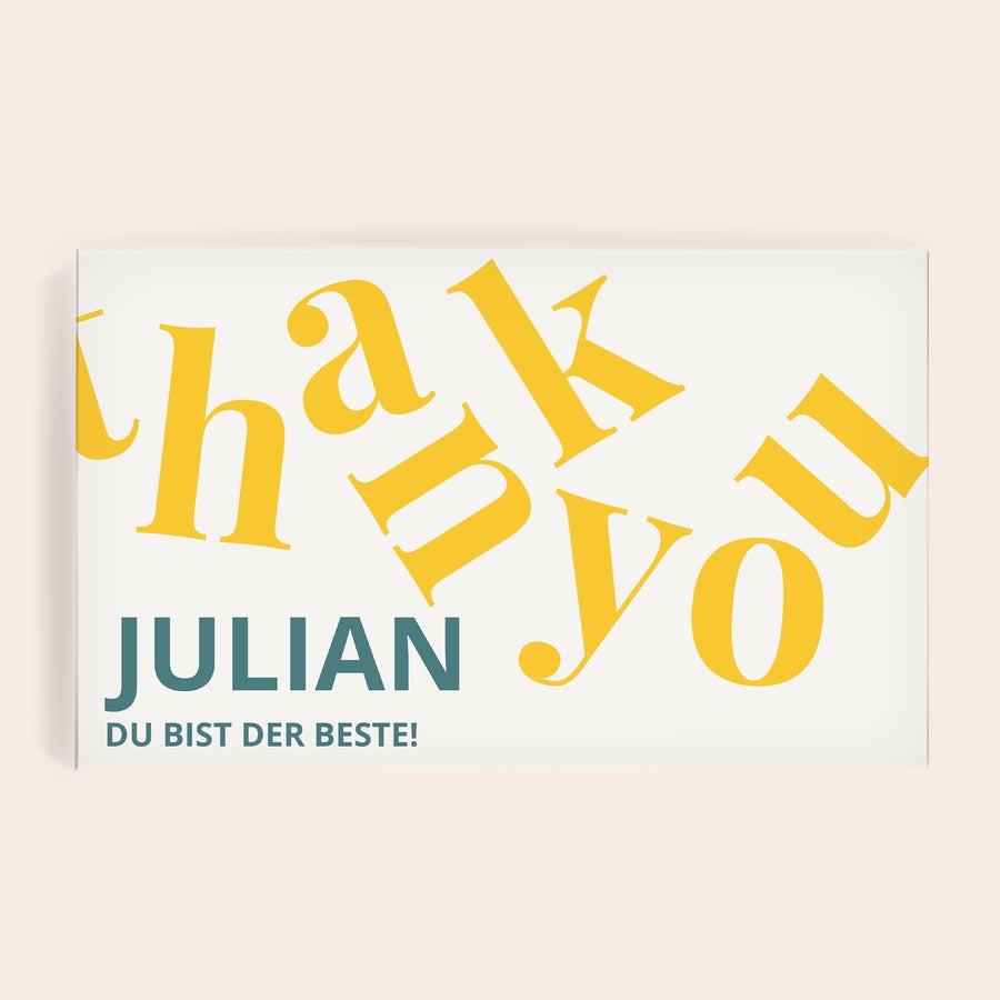Personalisiertes Mars Geschenk Personalisierte Mars Geschenkbox bedruckt mit großem "Thank you" Muster, dem Namen "Julian" und dem Text "Du bist der Beste!"