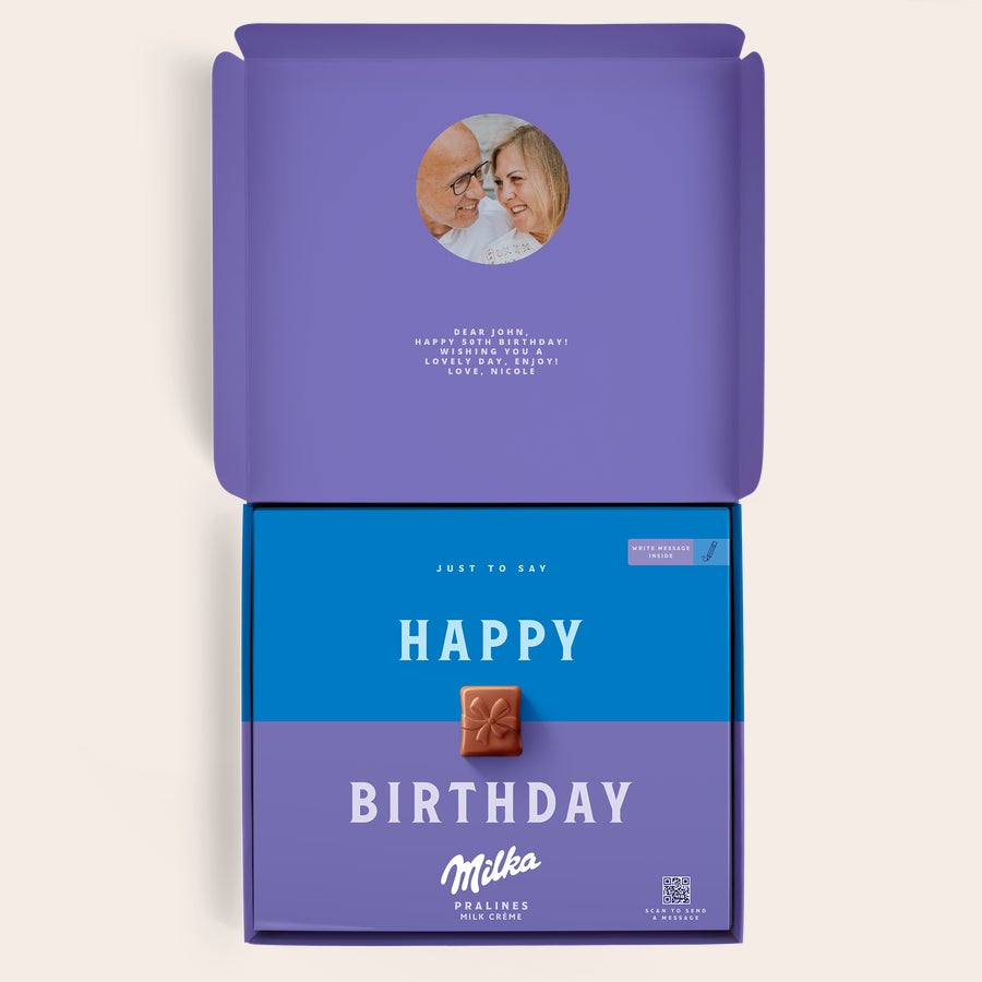 Milka Pralinky Narodeniny Personalizovaná krabička Milka čokolád s fotografiou a textom "Happy 50th Birthday Dear John", skvelé zablahoželanie k narodeninám