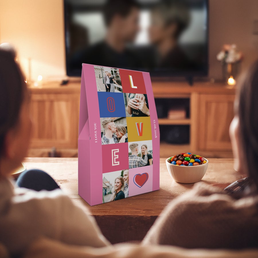 Caixa de oferta personalizada XL M&M's - 6 sacos (714 gramas) Caixa presente M&M's rosa com foto, texto "I love you" e data "12.06.2018", com nome e chocolate