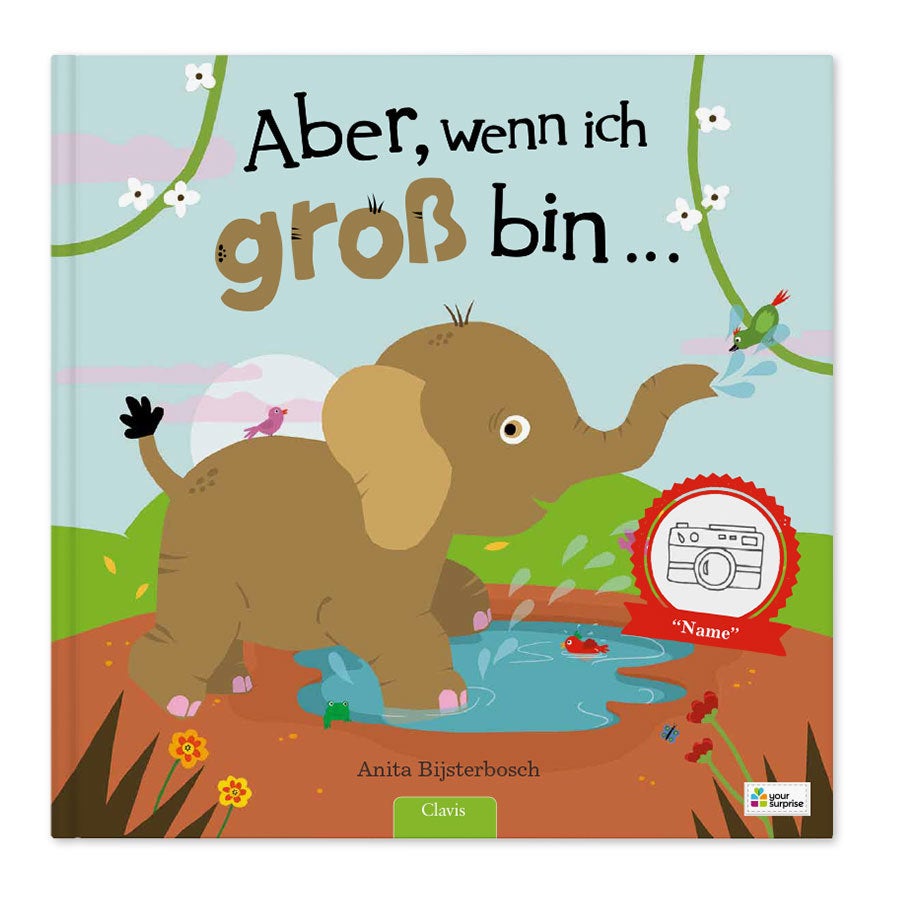 Ein super großes fröhliches Kinderbuch mit Namen Wenn ich groß bin, personalisiert mit gedrucktem Namen und coolem Maßbandposter