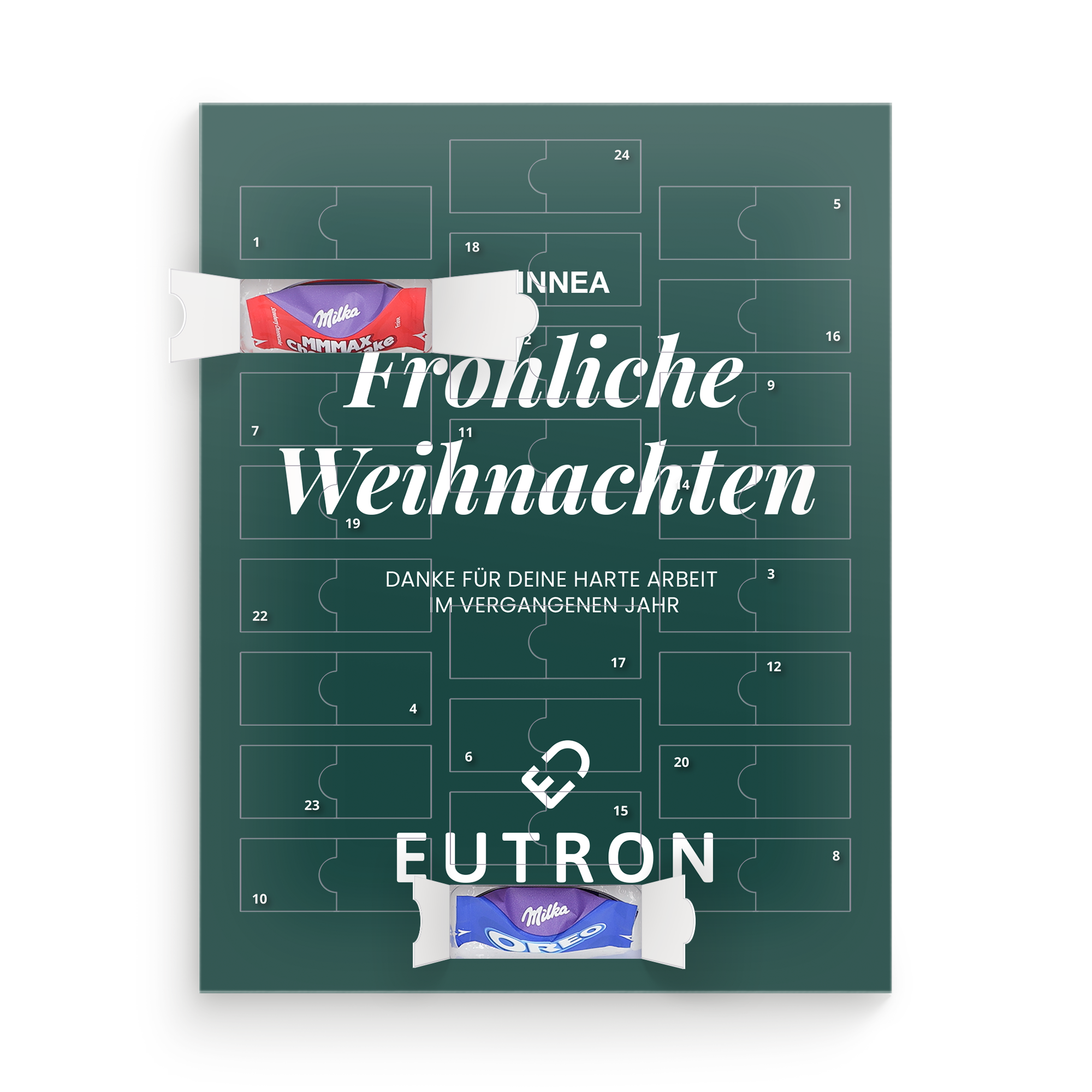 Personalisierter Adventskalender mit Milka-Schokolade, bedruckt mit "Frohliche Weihnachten", Name "INNEA" und Text "DANKE FÜR DEINE HARTE ARBEIT IM VERGANGENEN JAHR", um Zähl bis Weihnachten runter mit diesem personalisierten Adventskalender zu feiern.