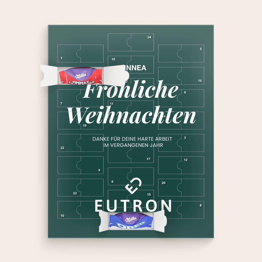 Milka Favourites Adventskalender 2025 Personalisierter Adventskalender mit Milka-Schokolade, bedruckt mit "Frohliche Weihnachten", Name "INNEA" und Text "DANKE FÜR DEINE HARTE ARBEIT IM VERGANGENEN JAHR", um Zähl bis Weihnachten runter mit diesem personalisierten Adventskalender zu feiern.