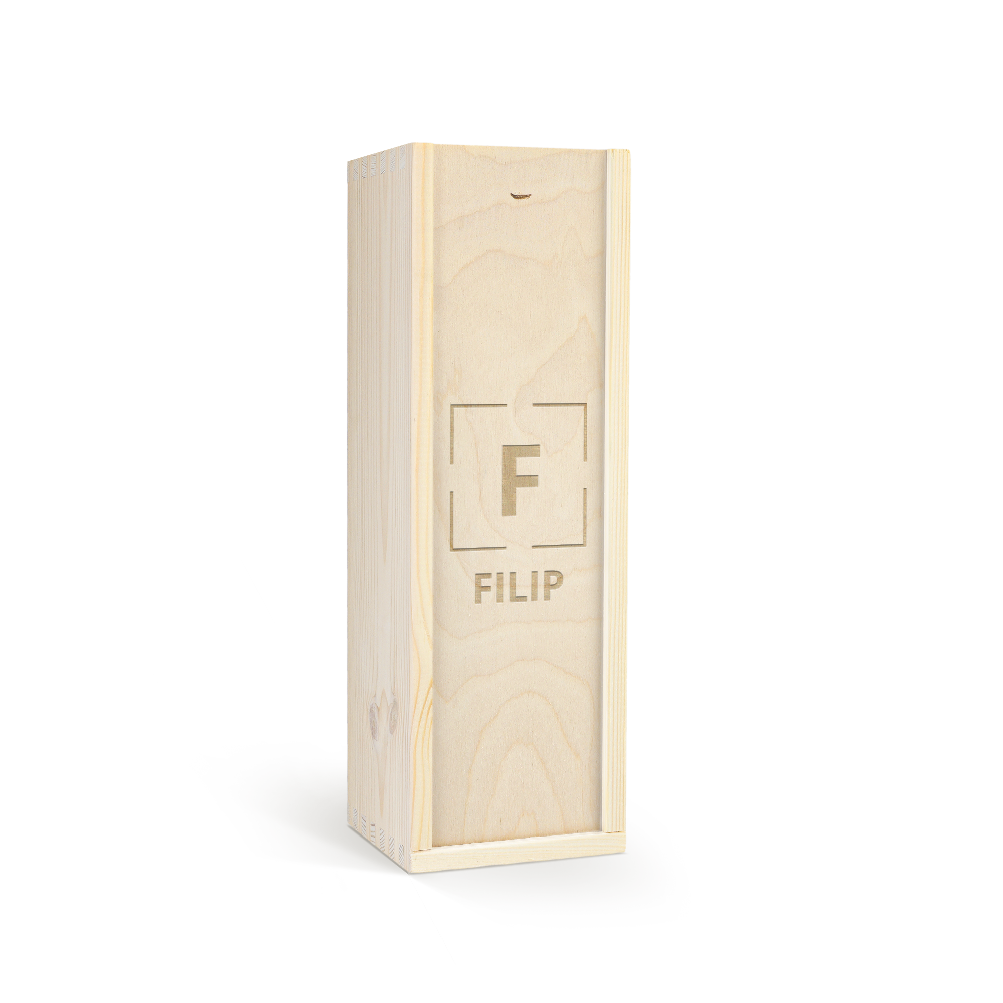 Riondo Prosecco Spumante i graverad trälåda med initialen F och namnet Filip