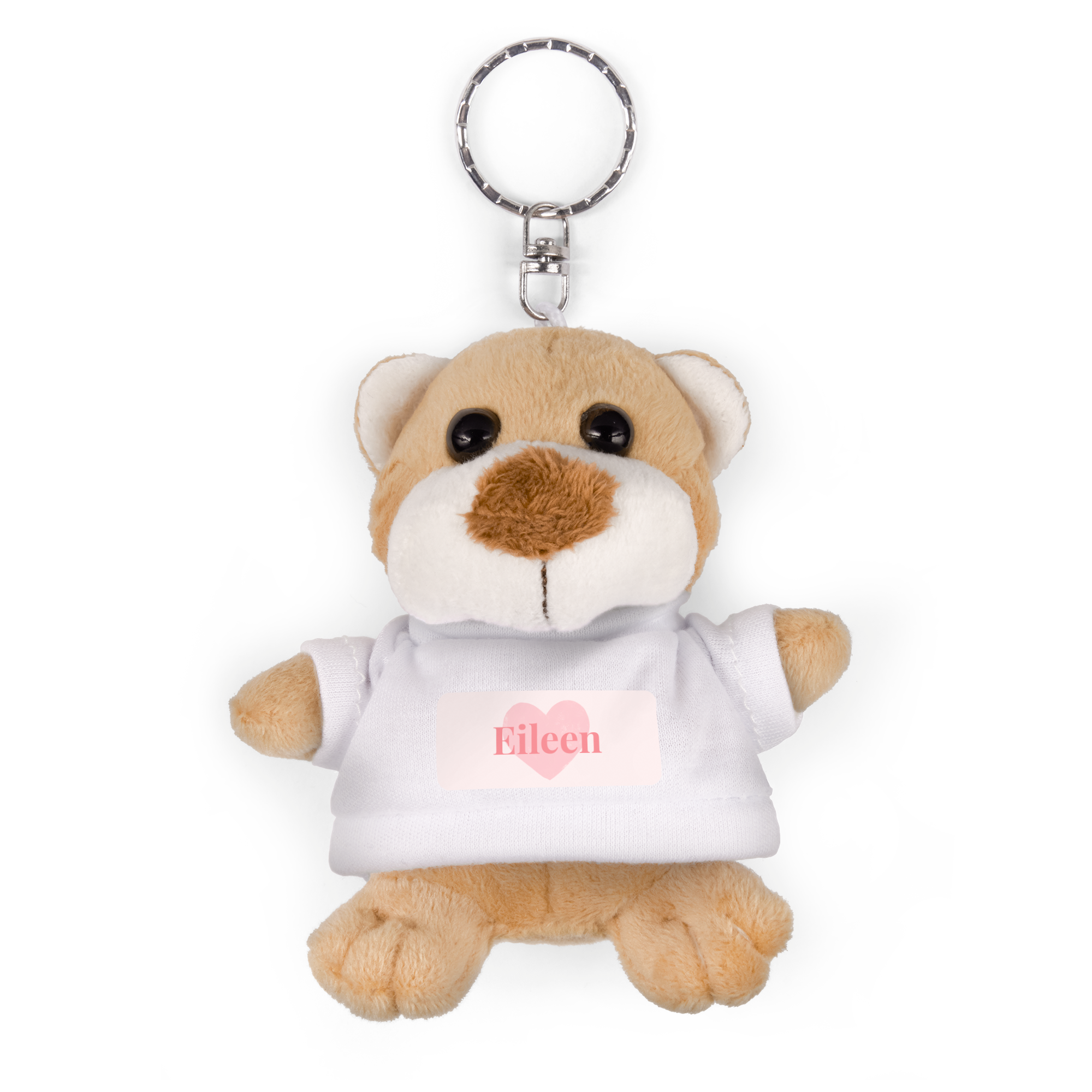 Llavero de oso de peluche marrón con camiseta blanca impresa con el nombre "Eileen" y un corazón rosa.