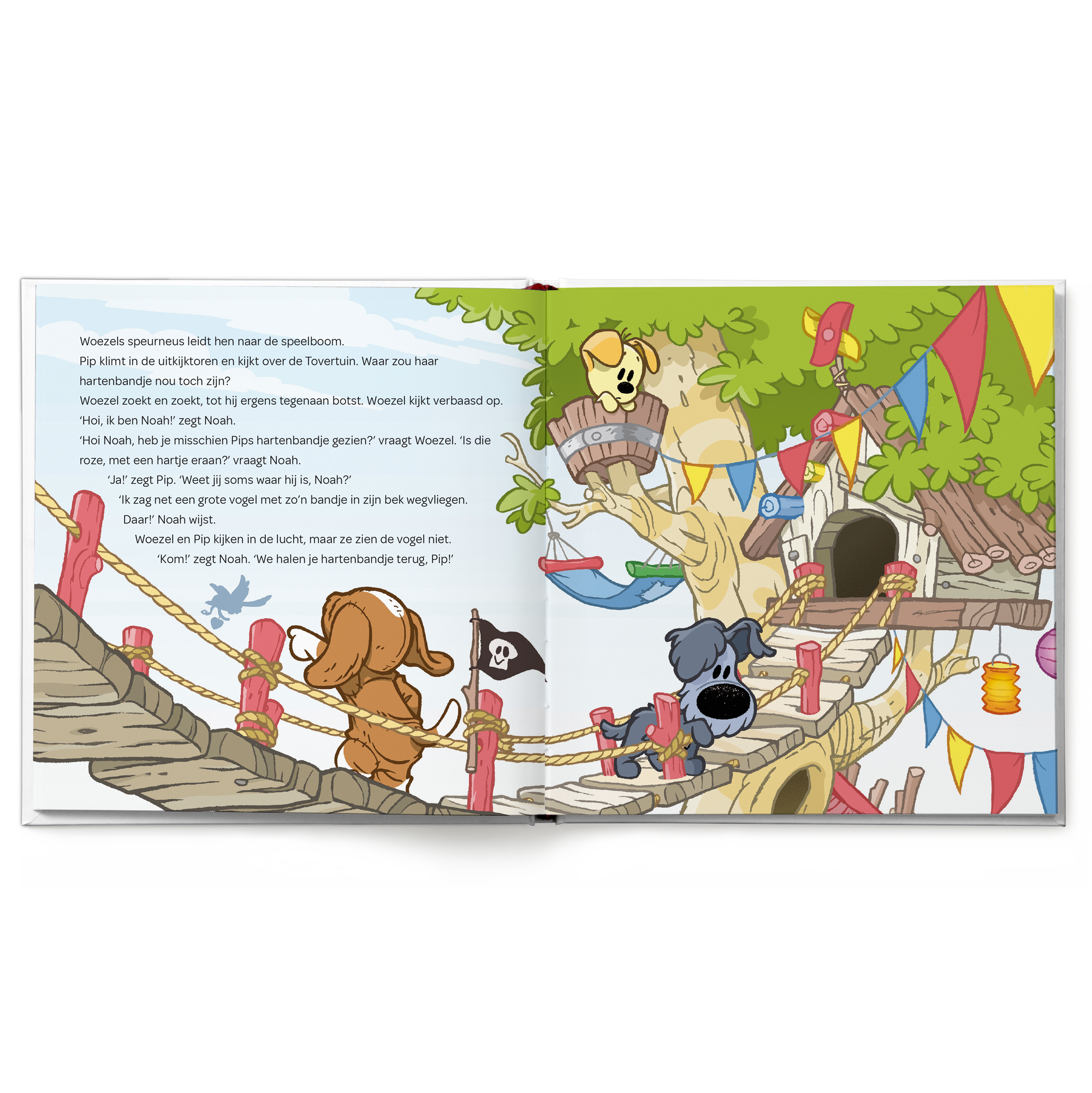 Open gepersonaliseerd Woezel en Pip boek, met daarin een tekst waarin de naam 'Noah' is verwerkt.