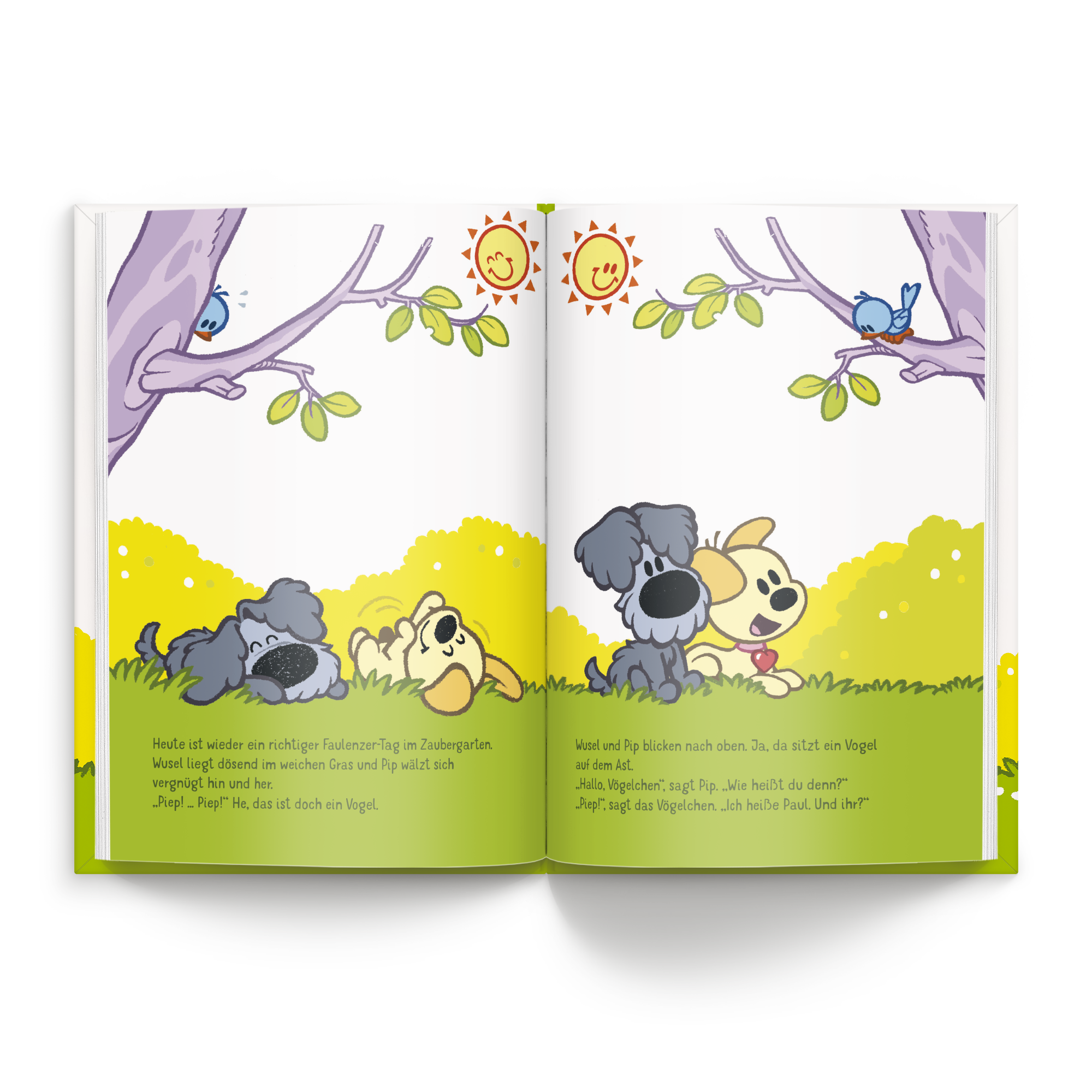 Aufgeschlagenes Personalisiertes Kinderbuch - Wusel & Pip - 1 Freund - XL Hardcover mit personalisierbarem Text, der die Abenteuer von Wusel und Pip beschreibt.