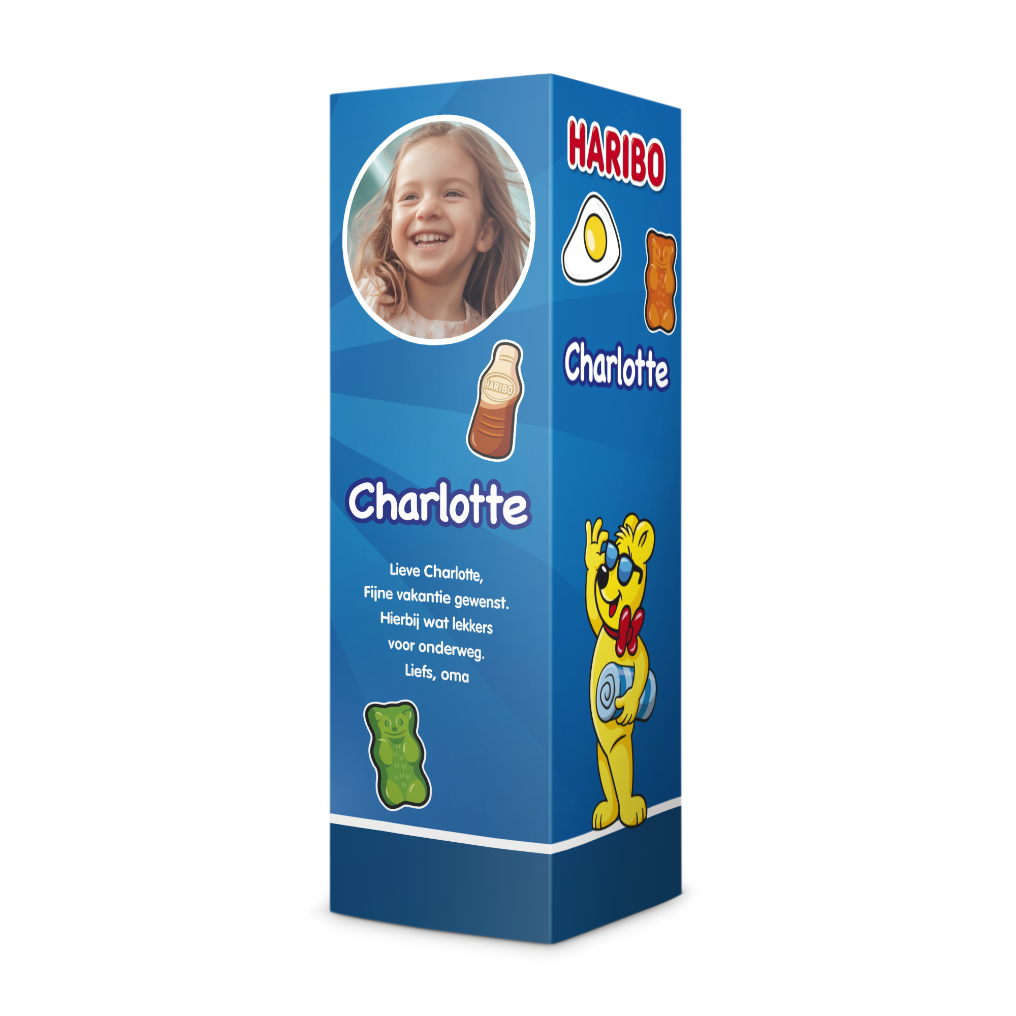 Gepersonaliseerd Haribo cadeaupakket, bedrukt met foto van een lachend meisje, de naam Charlotte en tekst.