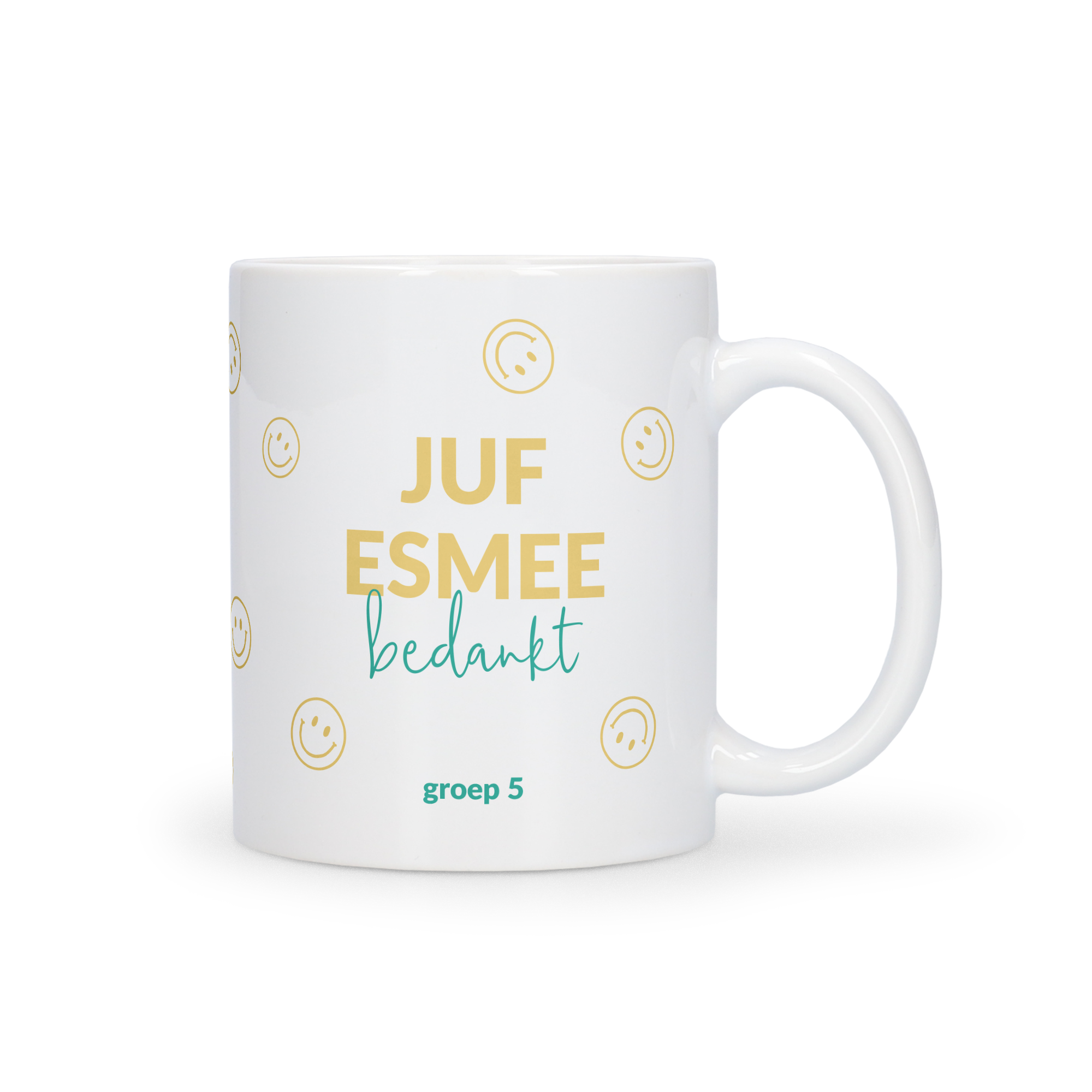 Witte Mok met foto 325 ml, geprint met Juf Esmee bedankt en groep 5, omringd door vrolijke smileys