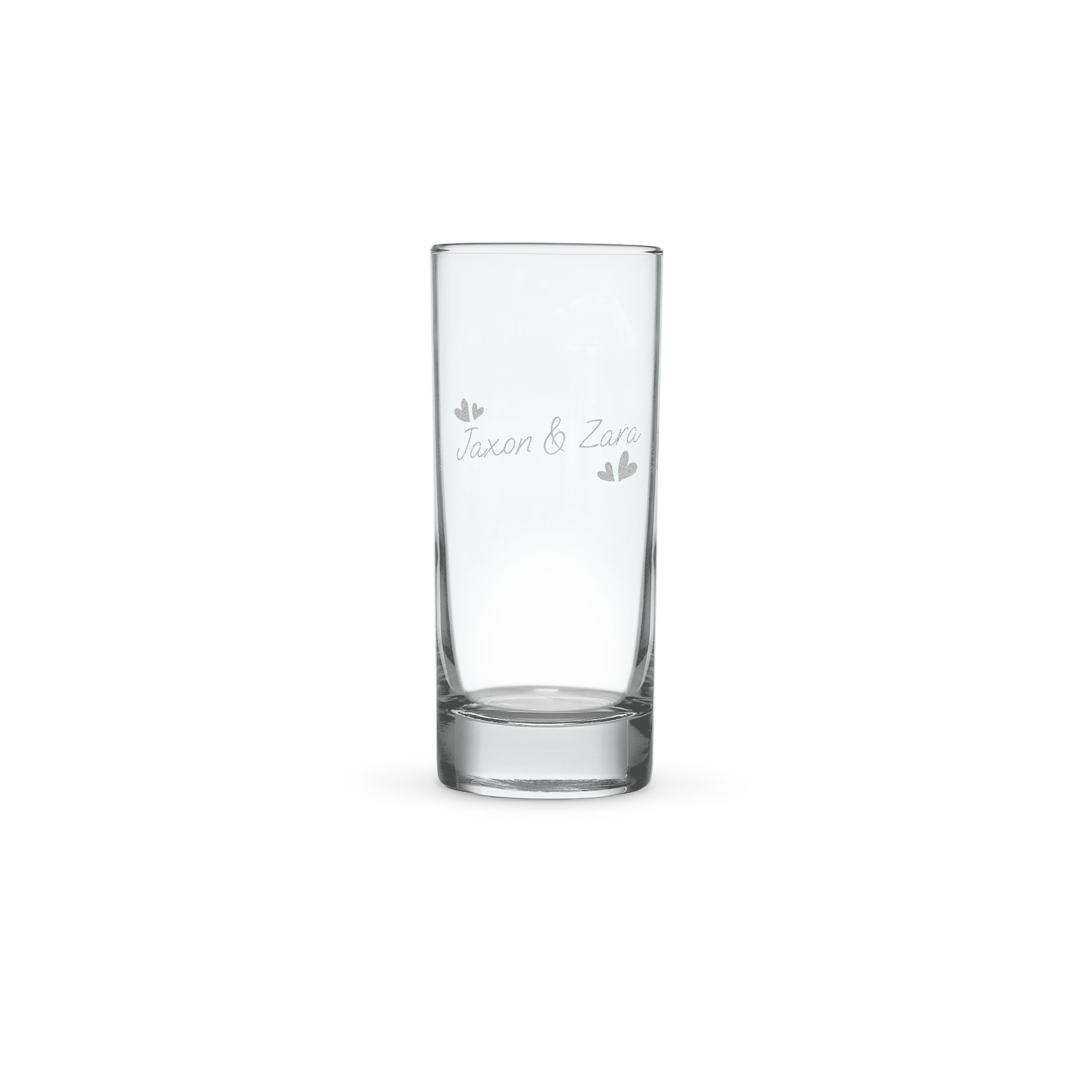 Bicchiere highball personalizzato in vetro trasparente inciso con i nomi Jaxon & Zara e cuori per sorprendi chi vuoi con un bicchiere highball inciso