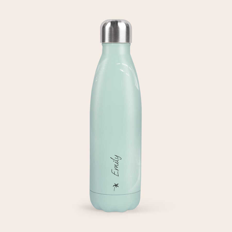 Personalised insulated water bottle Mint green custom printed thermos bottle with a silver lid, featuring the name Emily and a small star design printed in black.