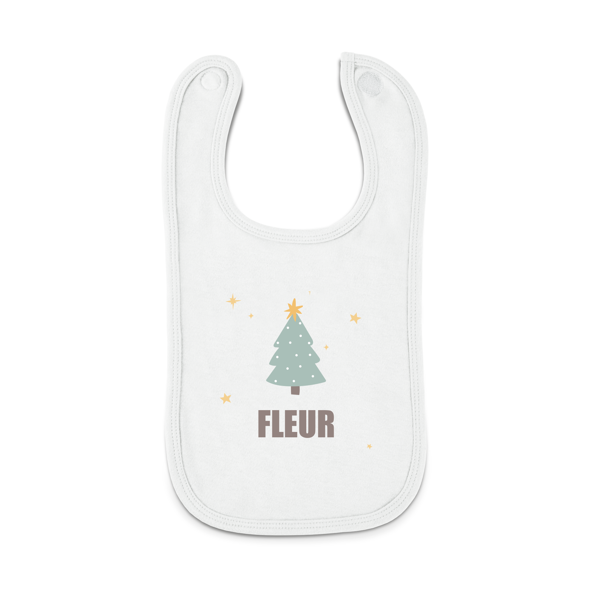 Bavoir bébé blanc imprimé pour les Fêtes de Noël avec motif sapin et le prénom Fleur personnalisable