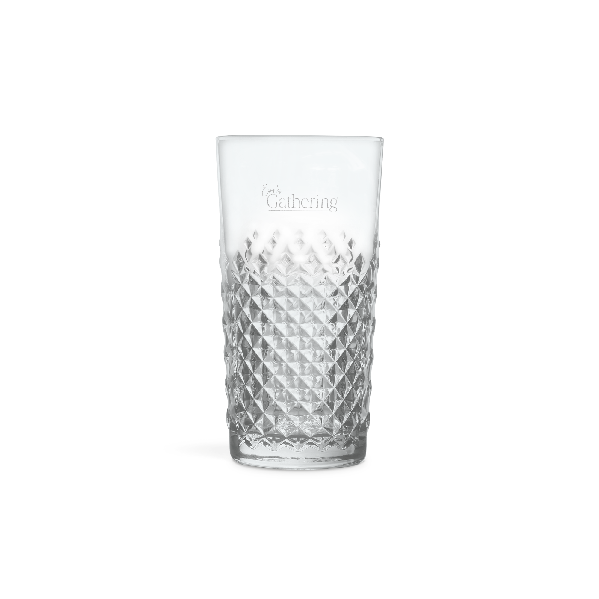 Romglas indgraveret med teksten Eves Gathering, romglas med mønster, overrask med indgraveret glas