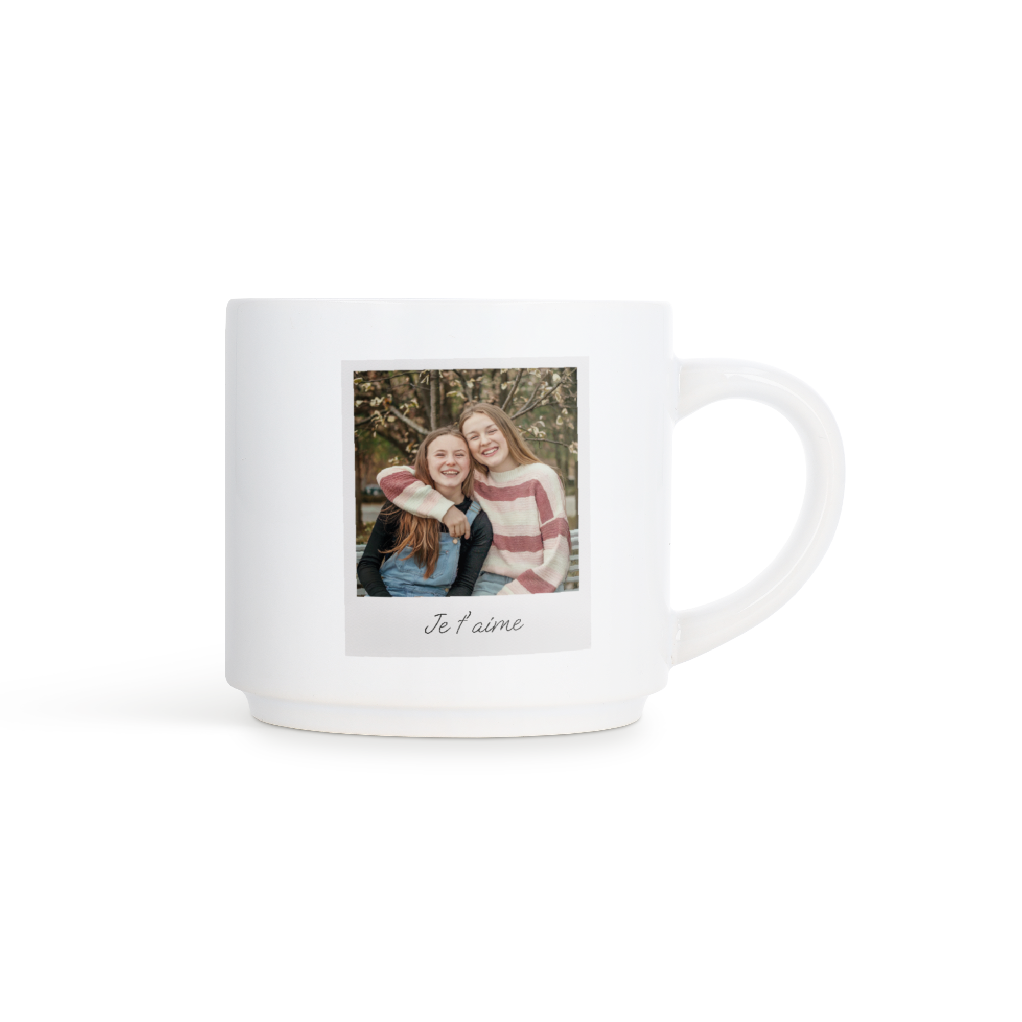 Tasse empilable blanche personnalisée avec photo de deux filles souriantes et texte Je t’aime imprimé