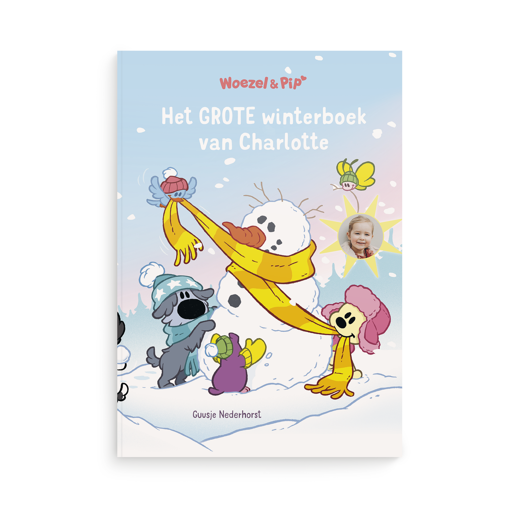 Boek met naam en foto Woezel & Pip Winterboek XL Softcover, gepersonaliseerd met kindernaam Charlotte en foto, op een winterse kaft met sneeuwpop.