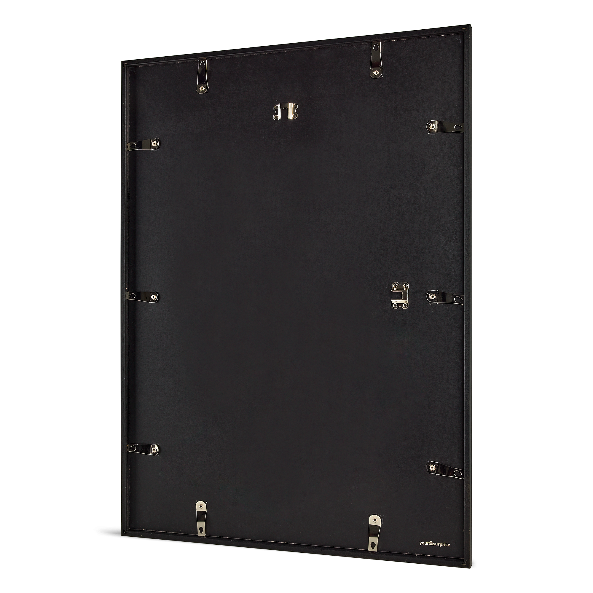 Back of a black framed personalized photo print with metal clips
