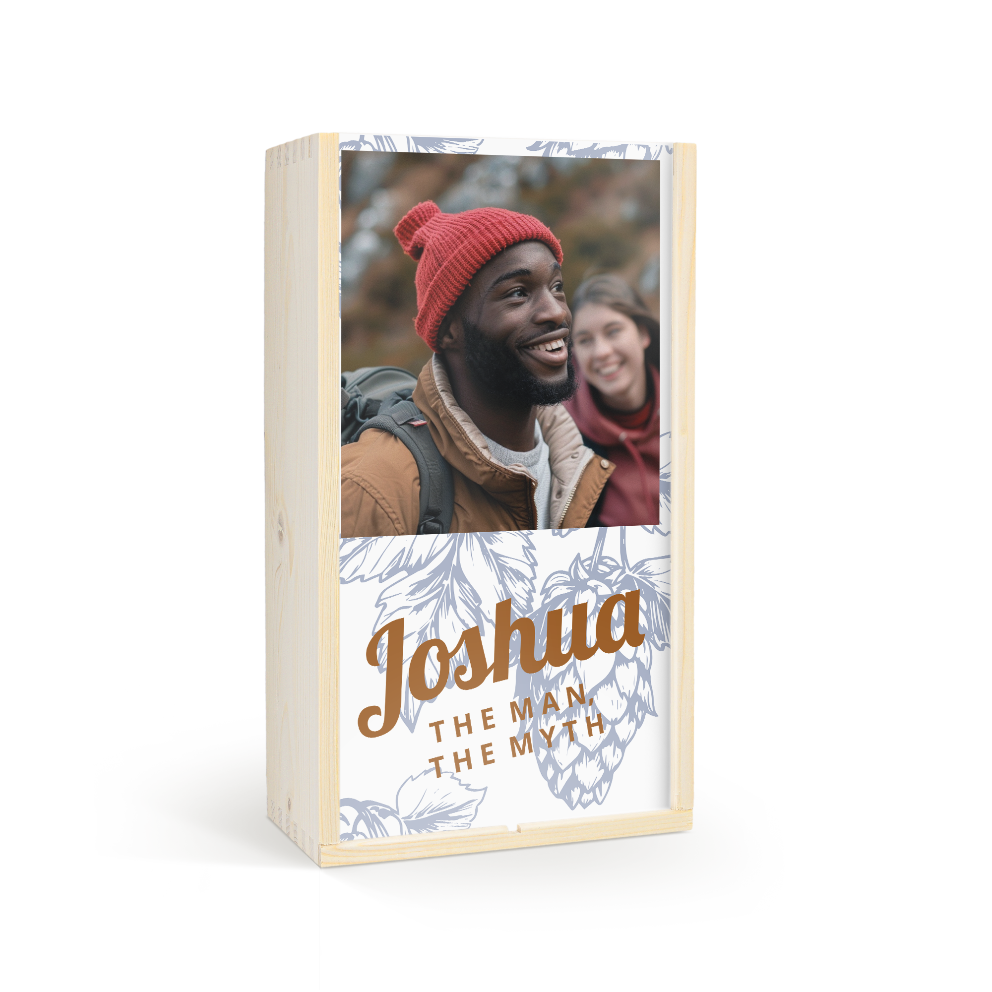 Coffret en bois personnalisé avec photo de Joshua et texte Joshua the man the myth pour deux bières trappistes