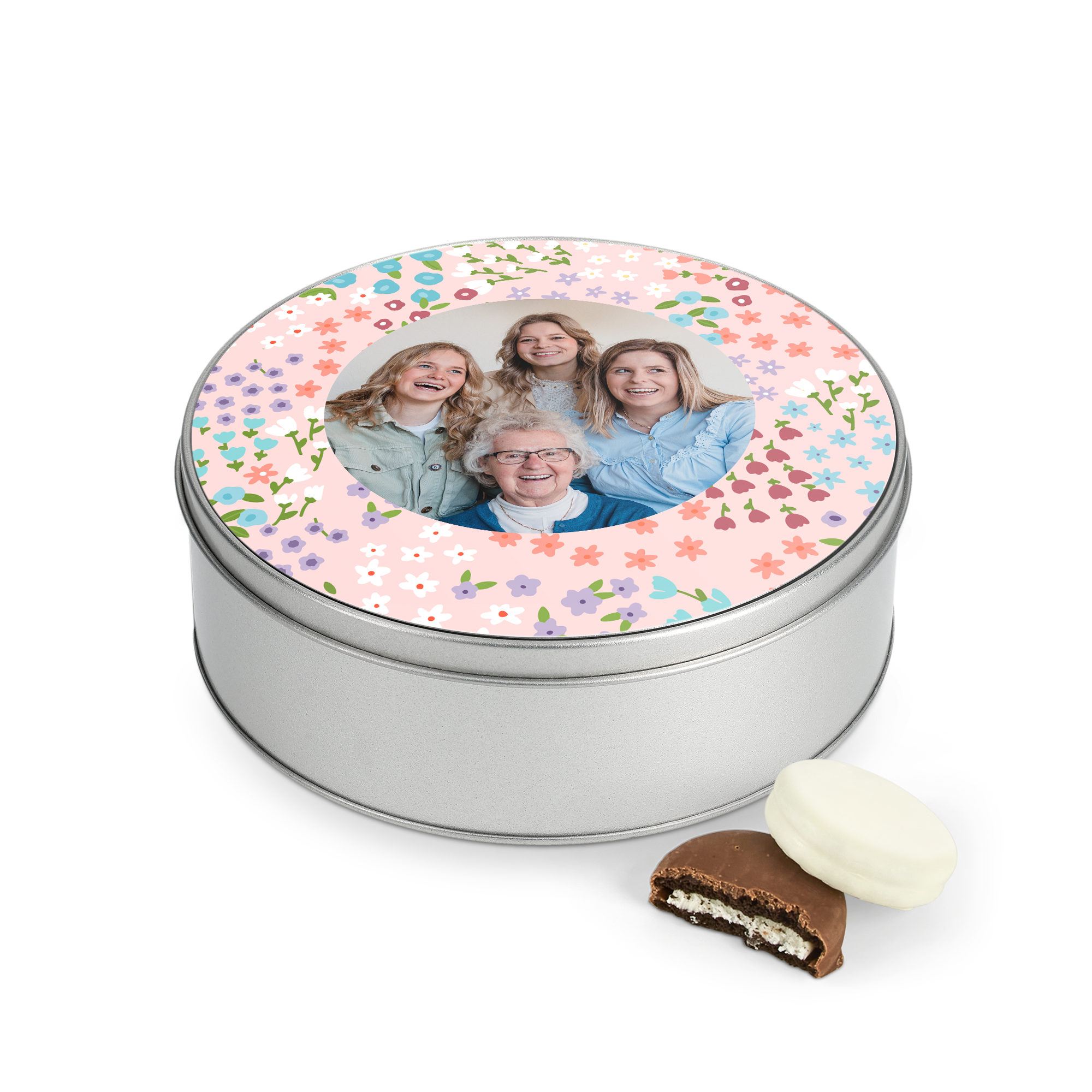 Cutie cadou Oreo personalizată, rotundă, din metal, imprimată cu fotografie de familie și model floral, cu bomboane Oreo. Pe cine vei surprinde cu o cutie cadou umpluta cu delicios Oreo?