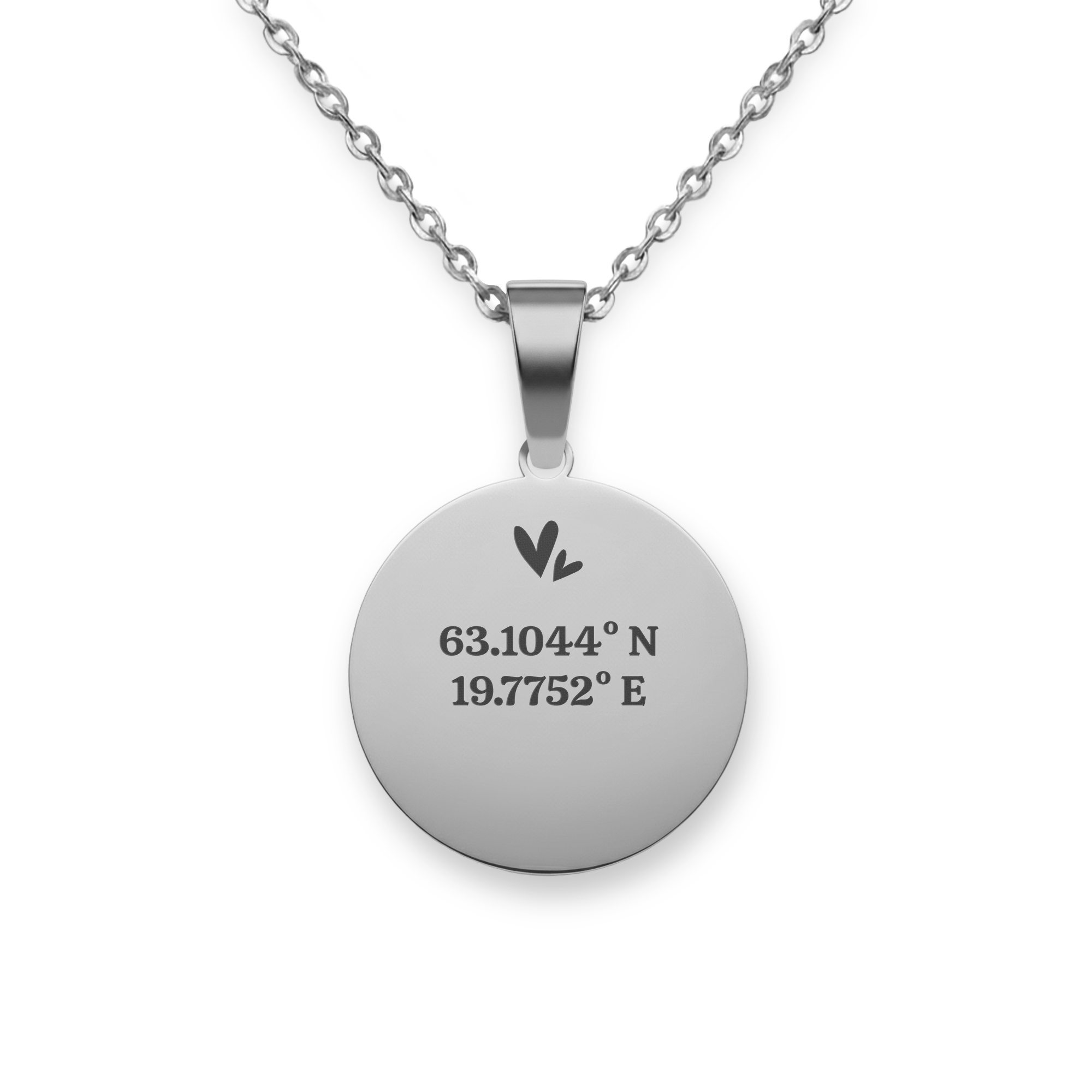 Halskette runder Anhänger mit Text - Silber, graviert mit Koordinaten und zwei Herzen, individuell gestaltbar.