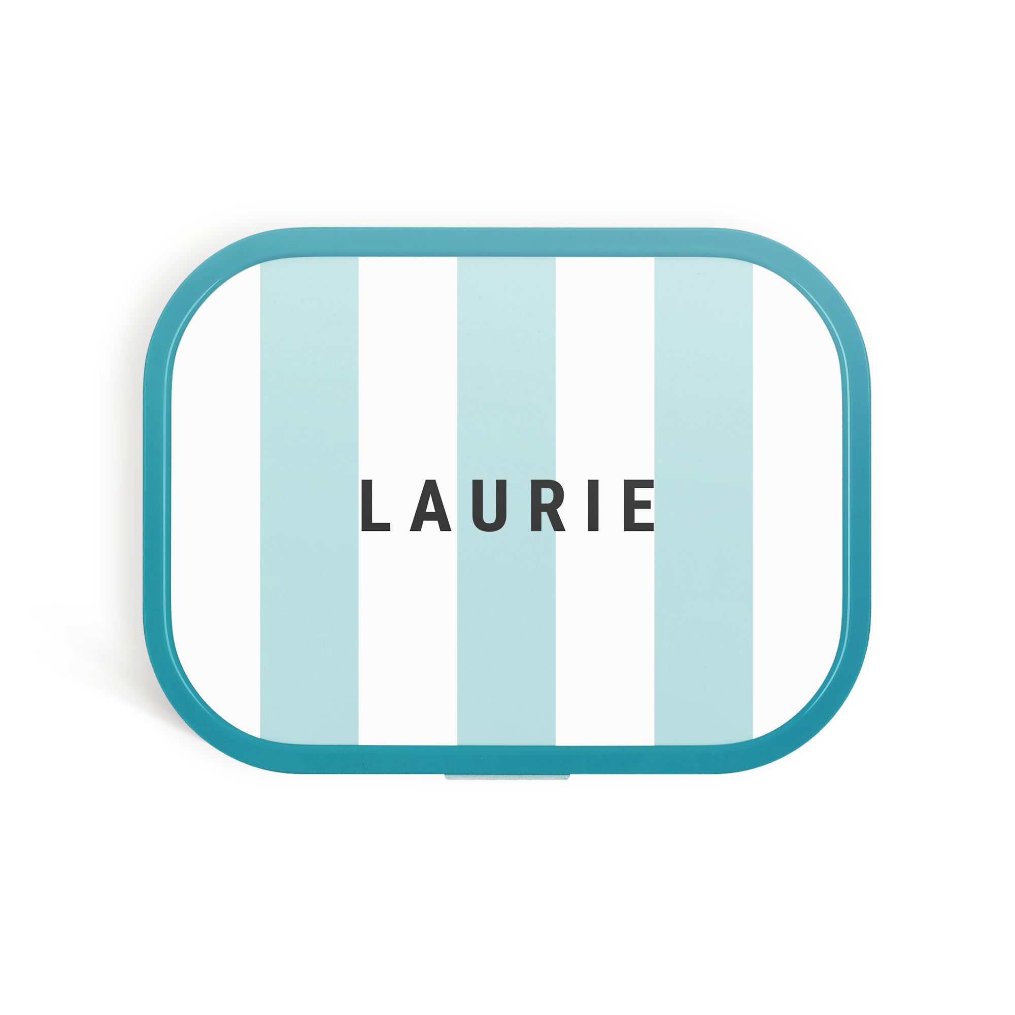 Boîte à lunch Mepal menthe rayée personnalisée avec le prénom LAURIE imprimé sur le couvercle pour l’heure du goûter.