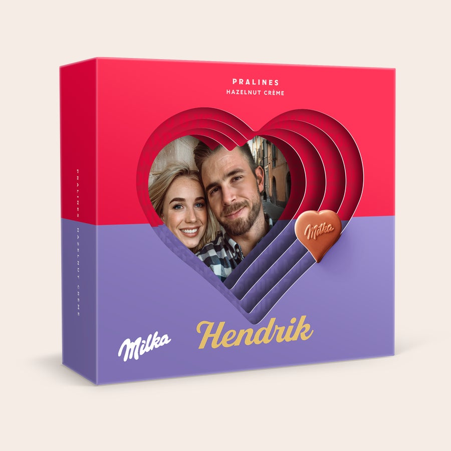 Milka sjokolade 3D-gaveeske Personlig Milka Hearts 3D-gaveeske med bilde av et par og navnet