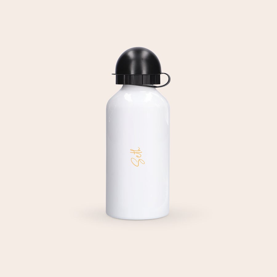 Water bottle White aluminum water bottle personalised with the name Seth printed in orange script font