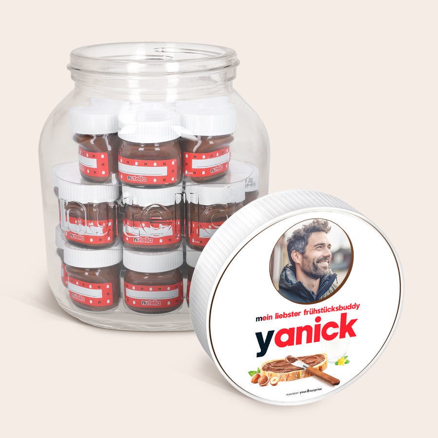 Personalisiertes nutella® Glas XL mit Namen und Foto Personalisiertes XL Nutella Glas mit 21 Mini Gläsern, Deckel mit Foto und Namen Yanick bedruckt