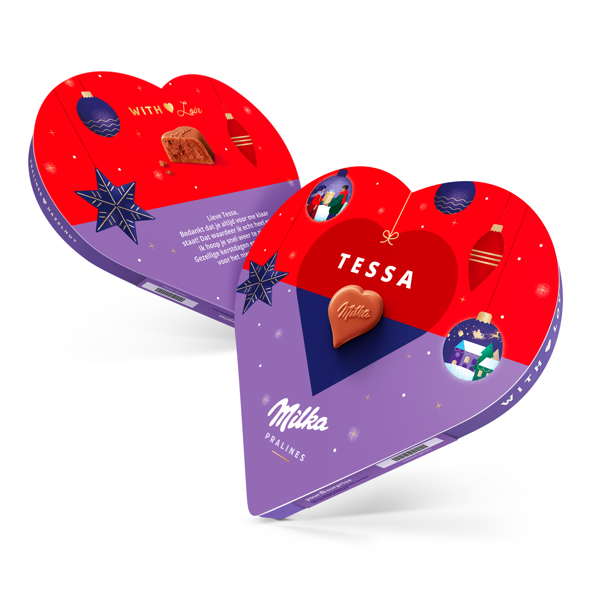 Een persoonlijk Milka hart in een rode en paarse kerstverpakking, bedrukt met de naam Tessa en een boodschap.