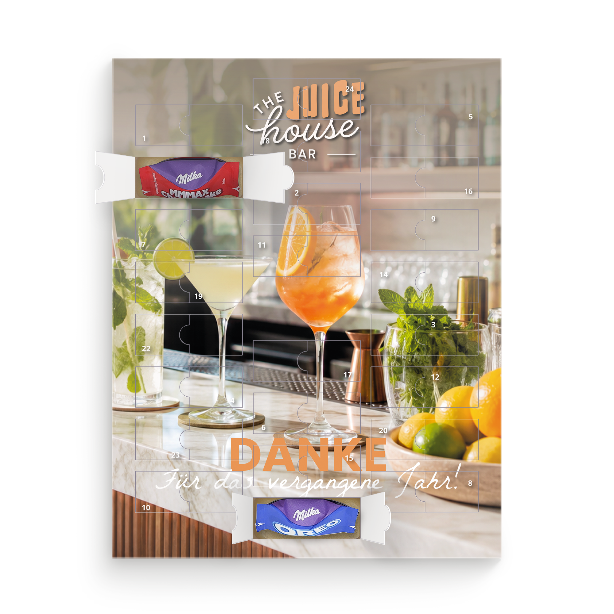 Personalisierter Adventskalender Milka Favourites mit Aufdruck "The Juice House Bar" und "Danke Für das vergangene Jahr"