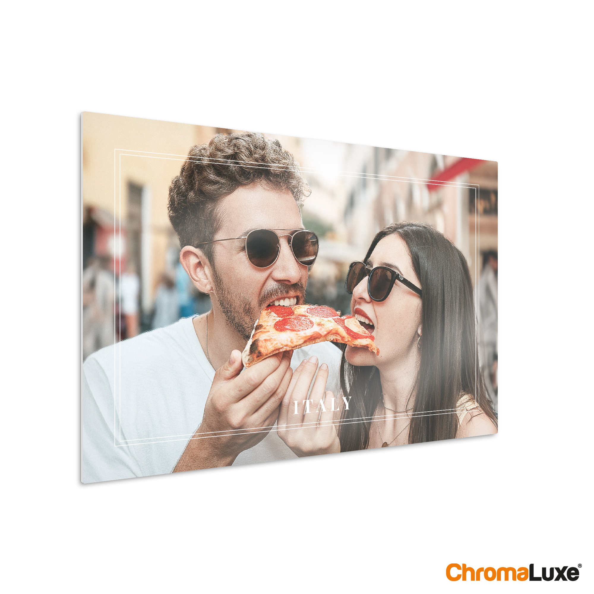 Chromaluxe aluminium photo prints showing a couple sharing a slice of pizza, customized with the word ITALY