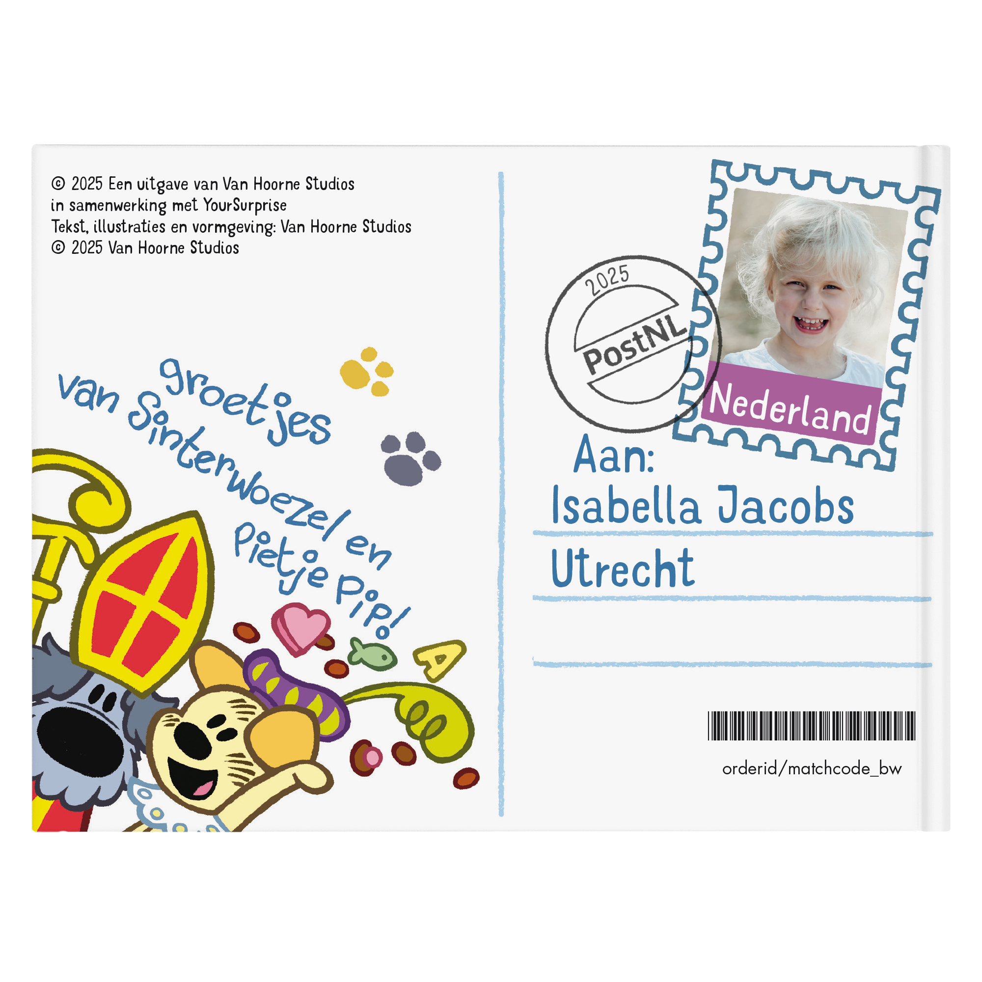 Woezel & Pip Hallo Sinterklaas ansichtkaart personaliseren met eigen foto en naam, Isabella Jacobs, Utrecht.